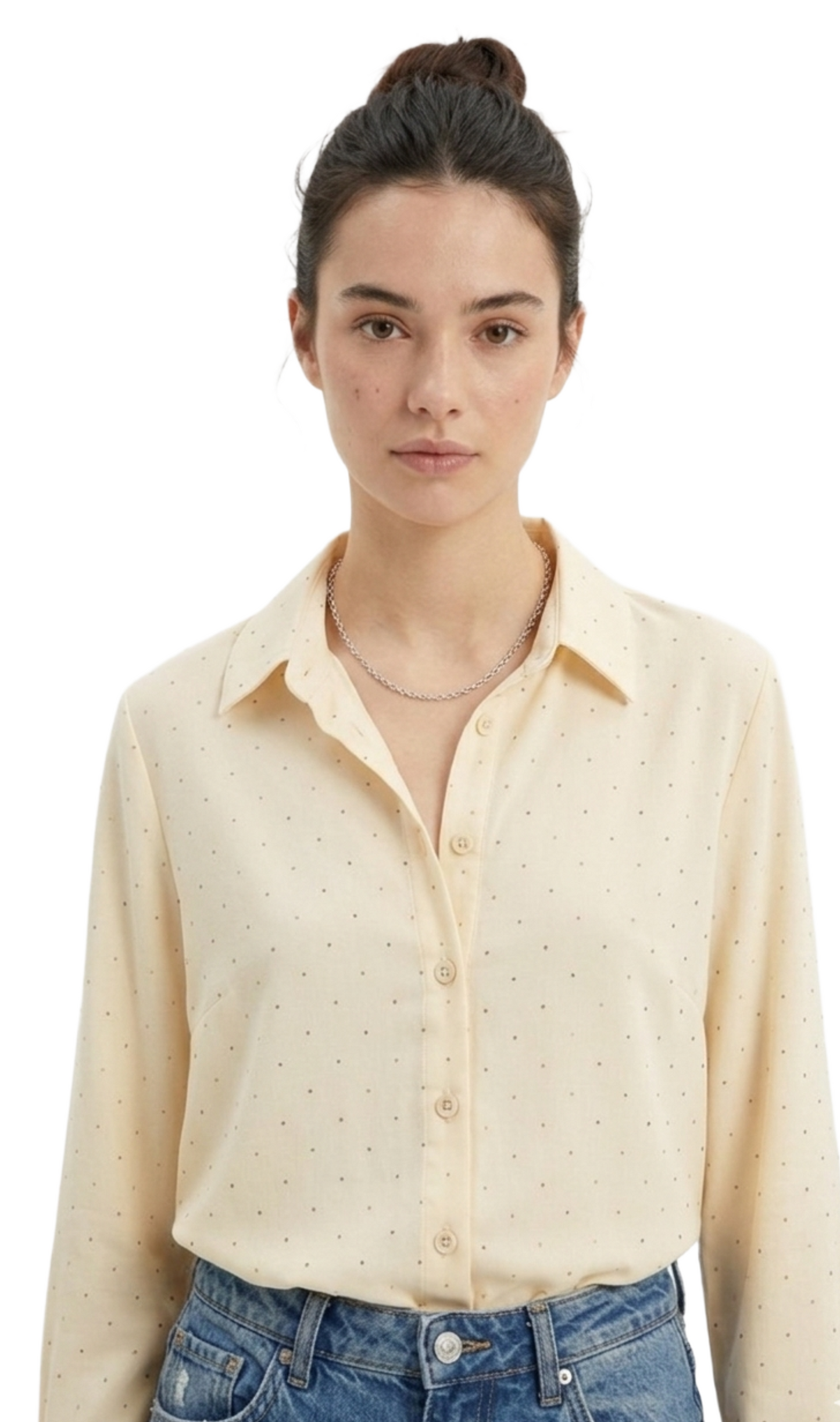 Blusa amarilla manga larga de lino con brillos abotonada