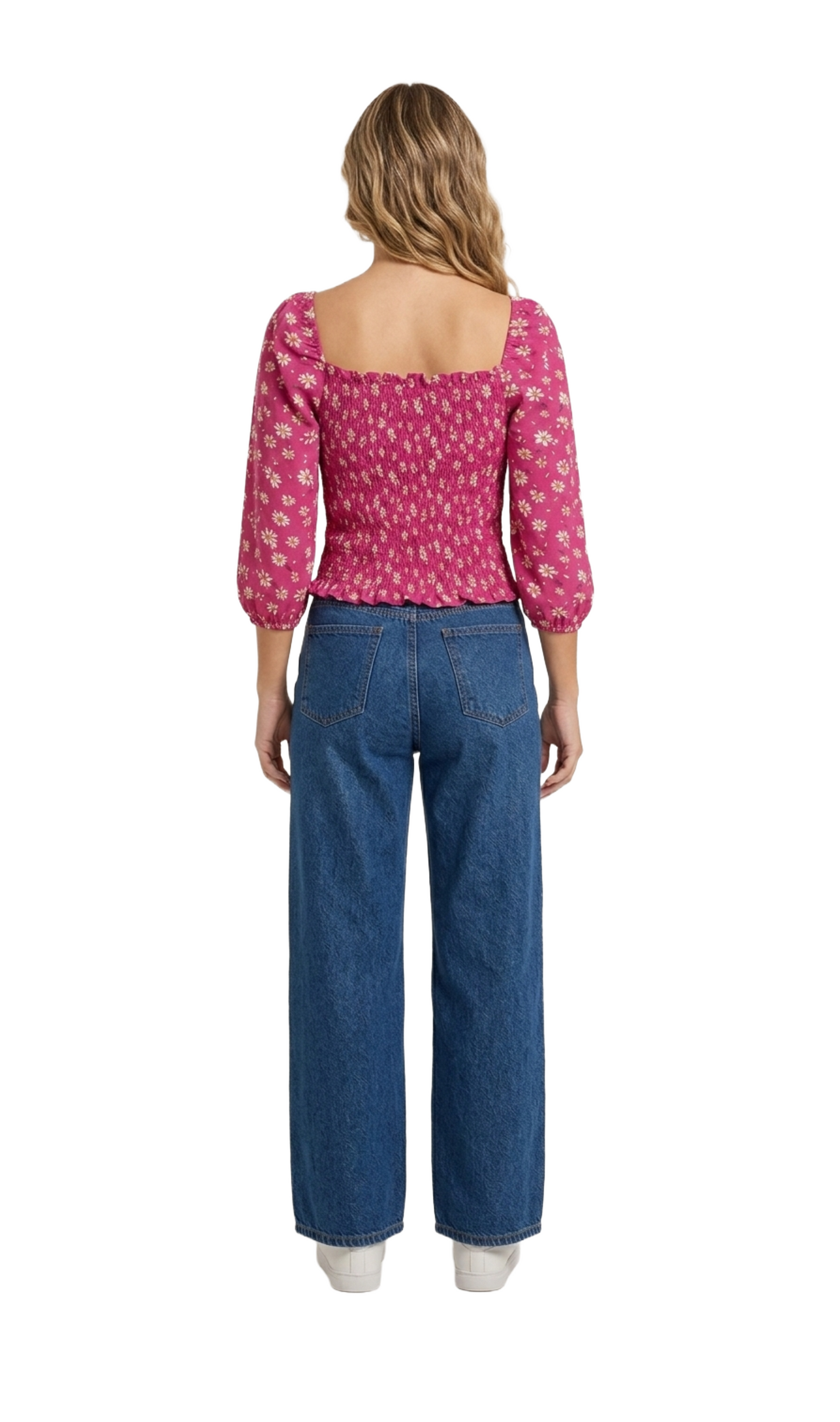 Blusa rosa floreada con detalle de elástico en espalda