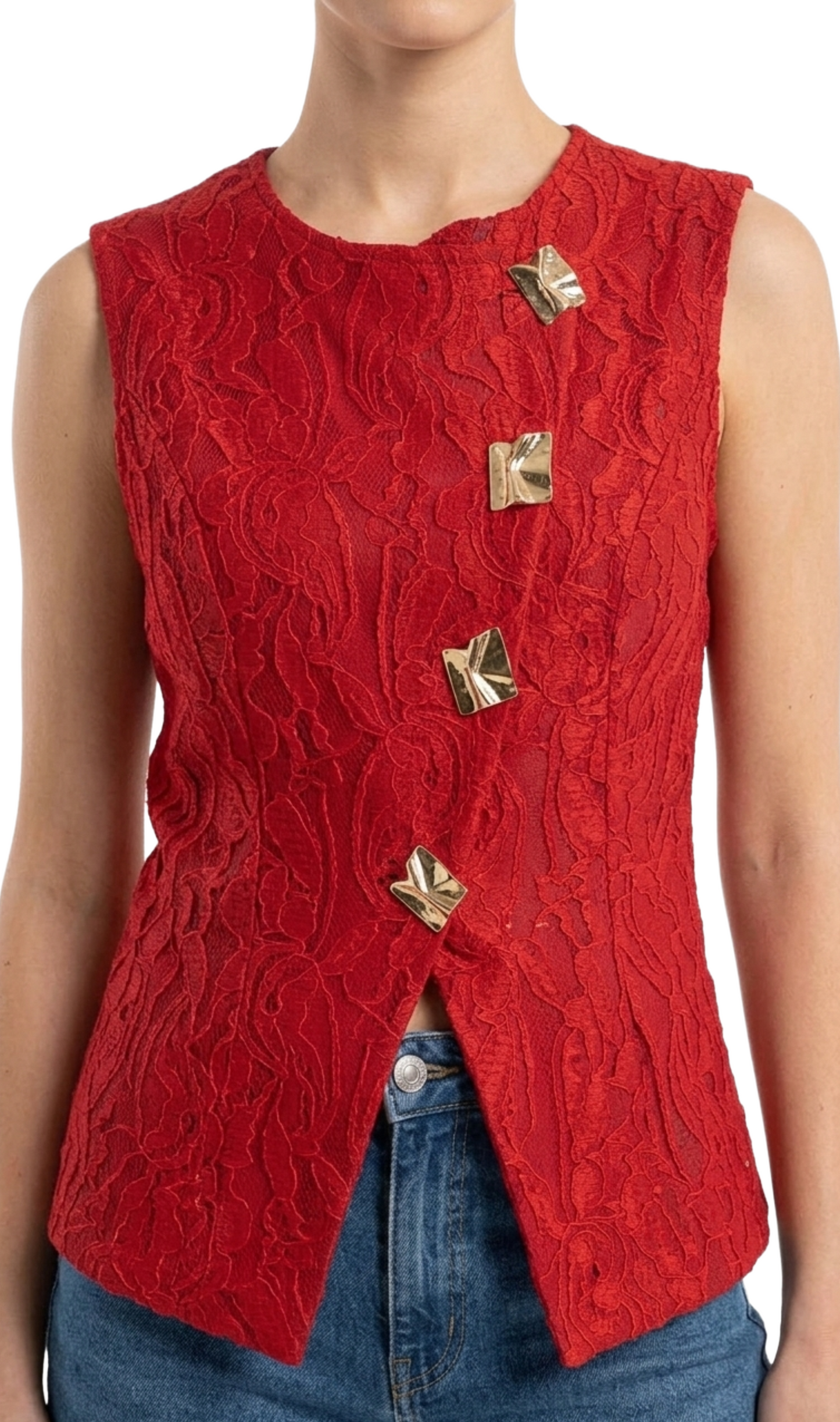 Blusa roja con encaje y botones cuadrados corte cruzado