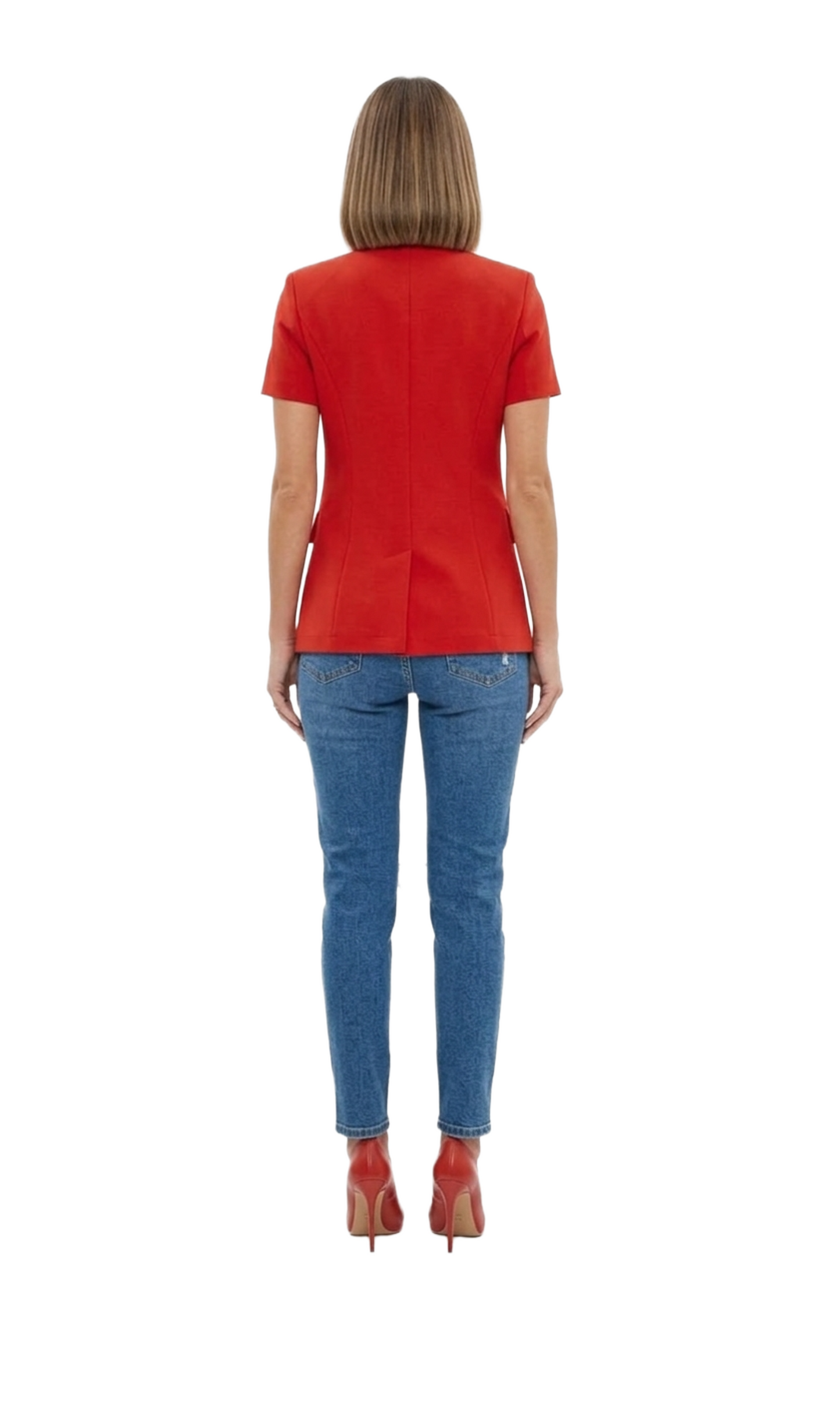 Blusa roja abotonada con carteras al frente
