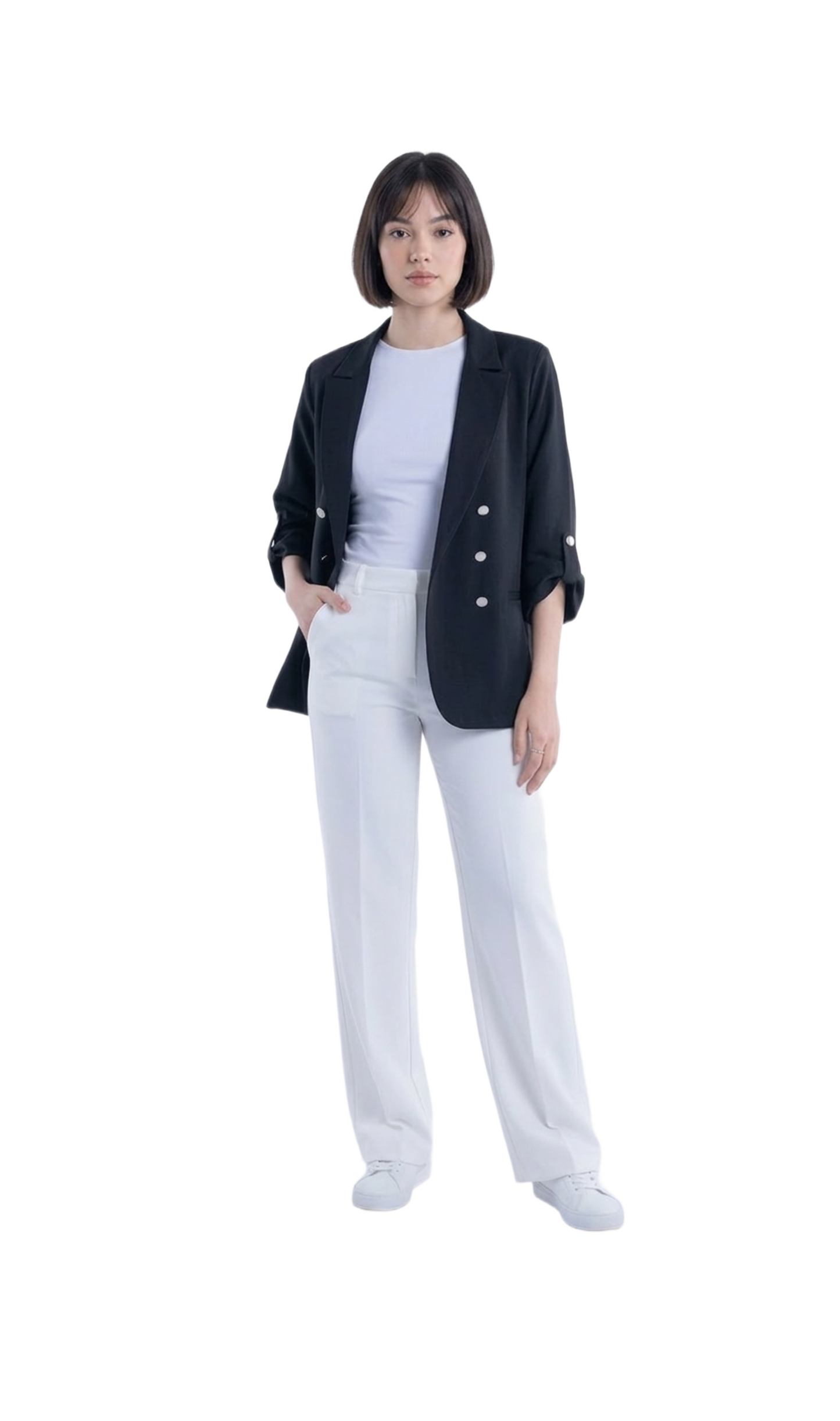 Saco negro de vestir abierto con boton en manga ajustable