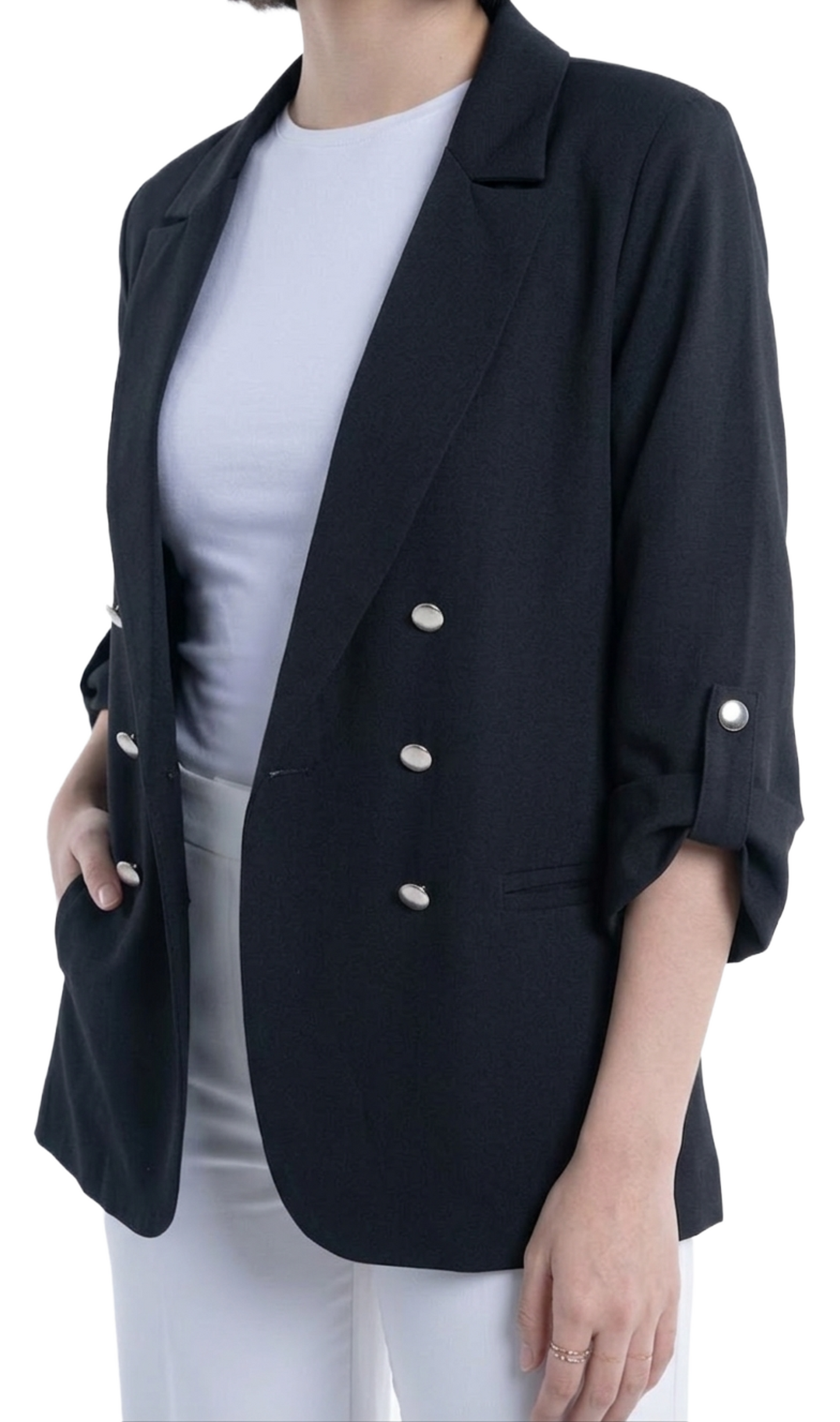 Saco negro de vestir abierto con boton en manga ajustable