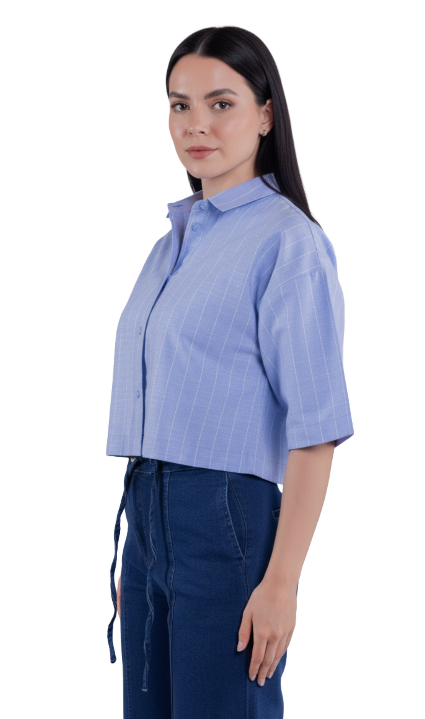 Crop top abotonado de rayas manga tres cuartos