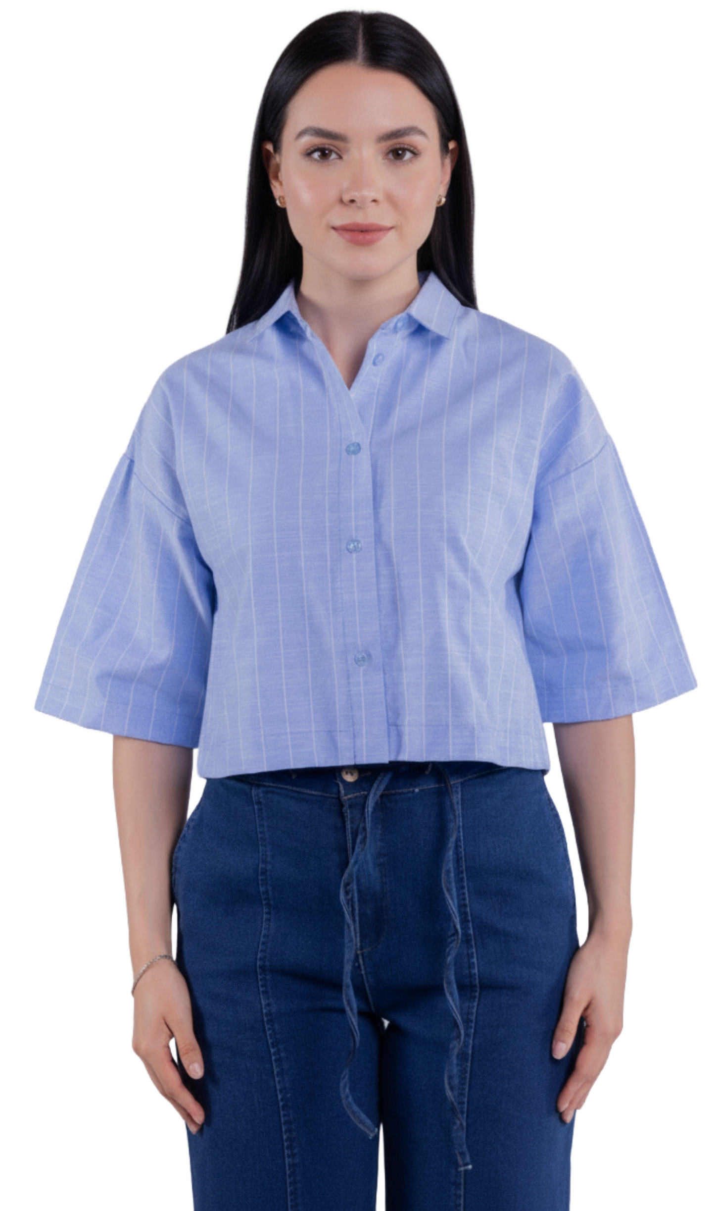 Crop top abotonado de rayas manga tres cuartos