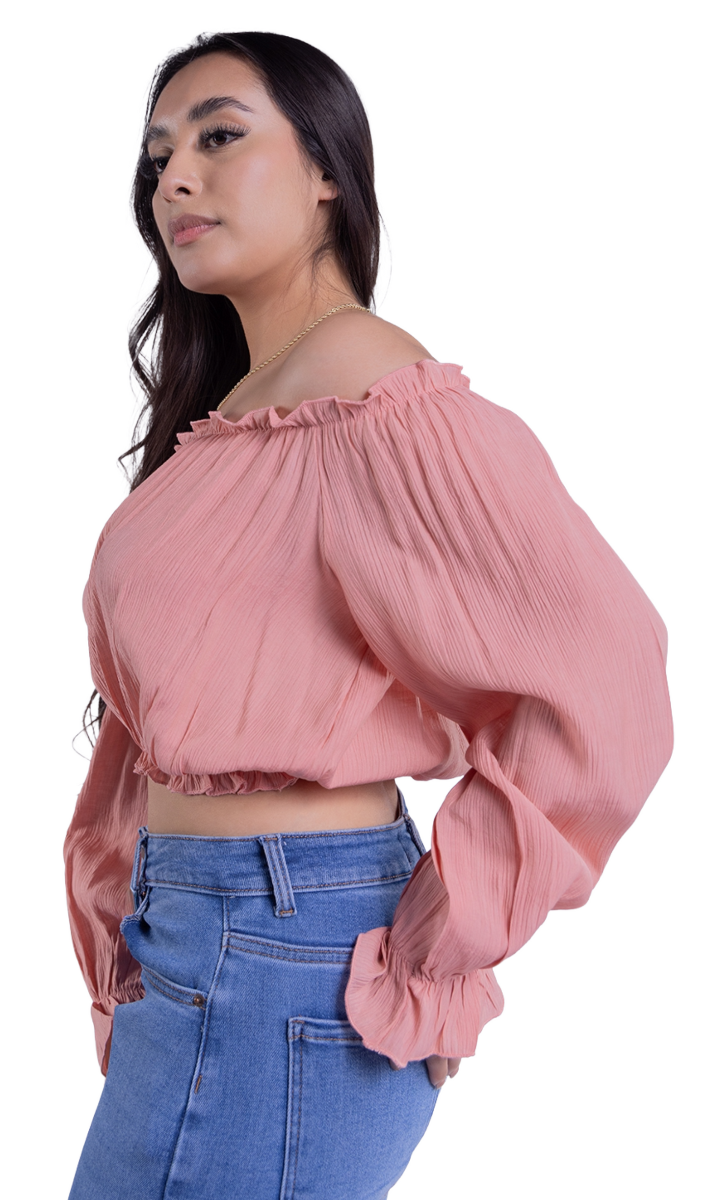 Crop top campesino plisado manga larga