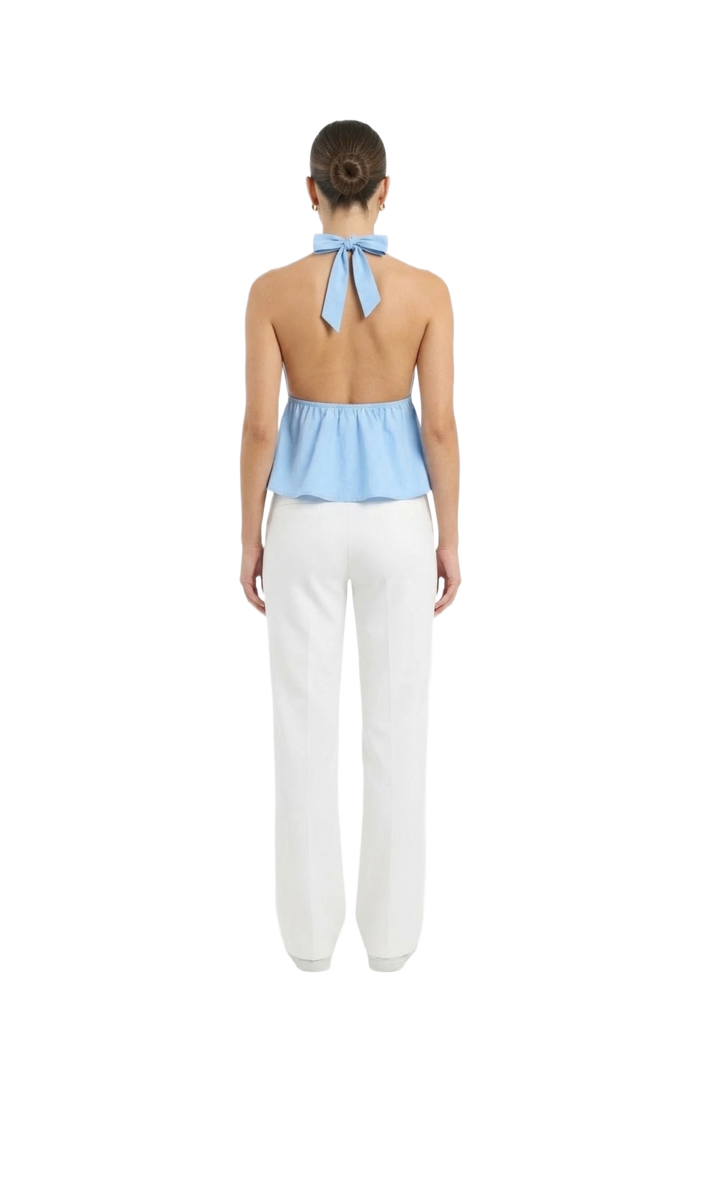 Crop top azul cielo tipo halter con amarre en cuello