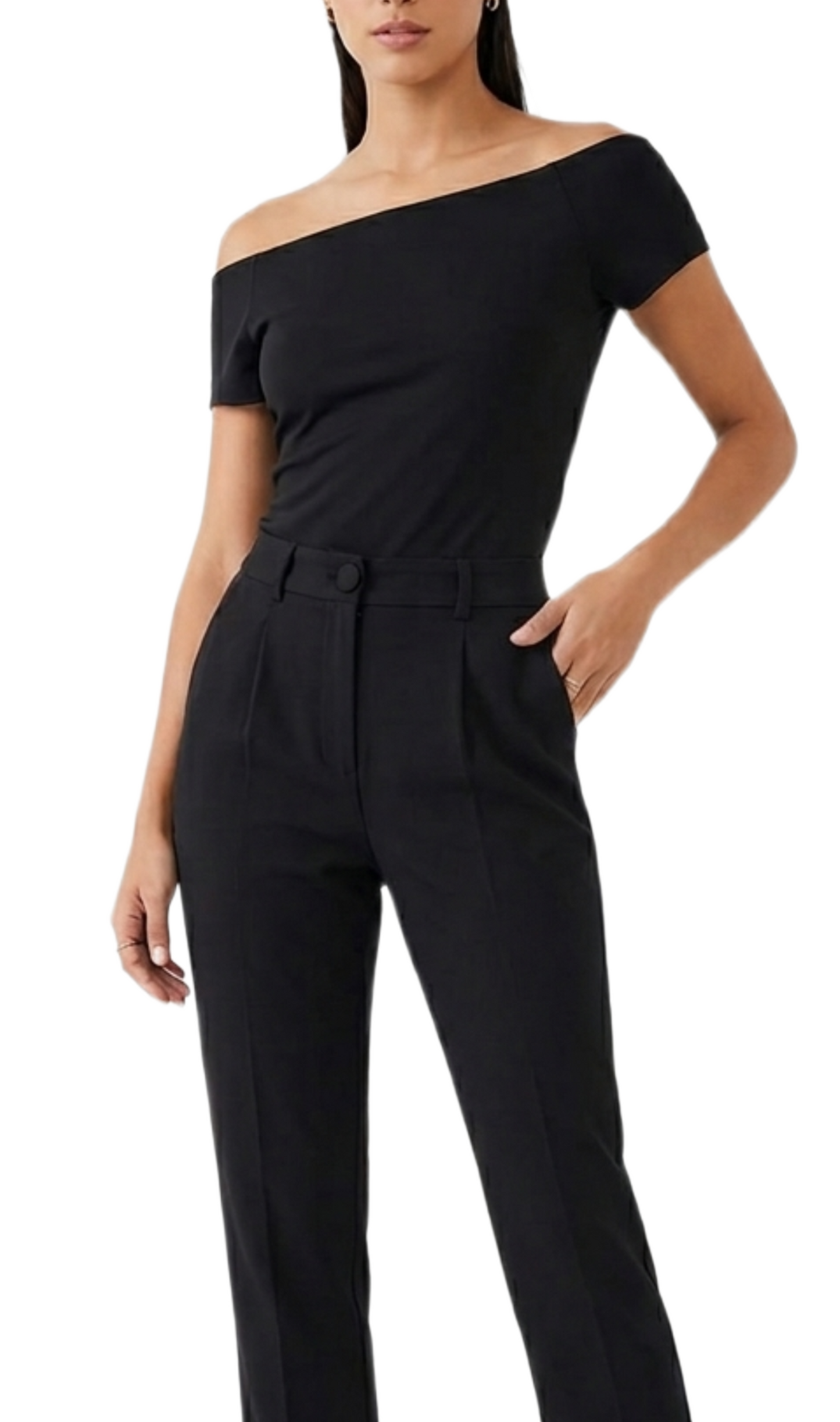Conjunto negro de vestir de blusa asimétrica y pantalón