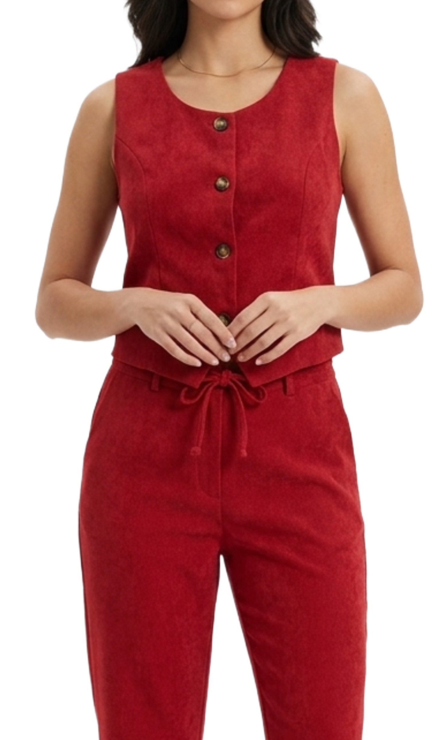 Conjunto rojo de dos piezas de chaleco y pantalon
