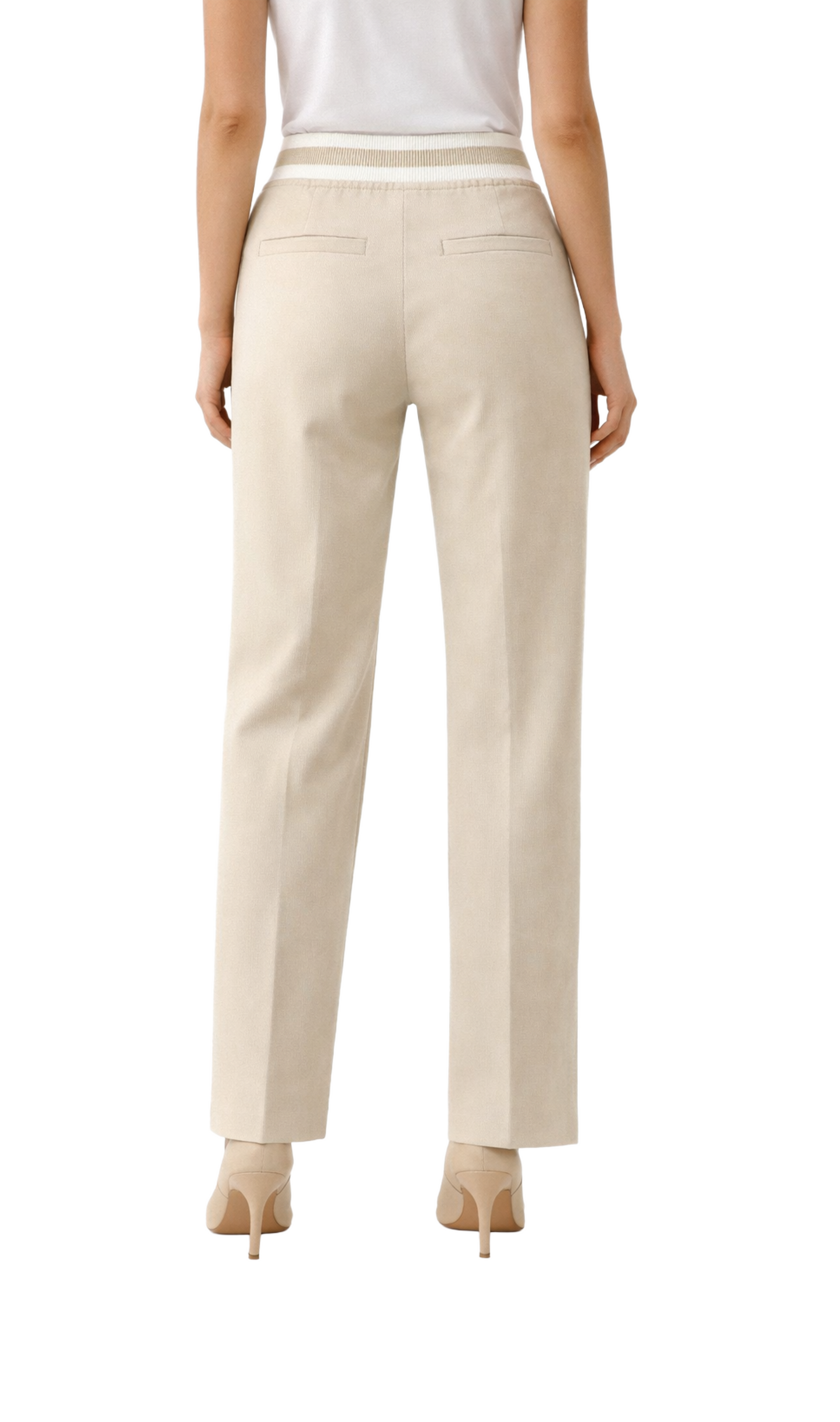 Pantalón beige con elástico multicolor en cintura de semi vestir