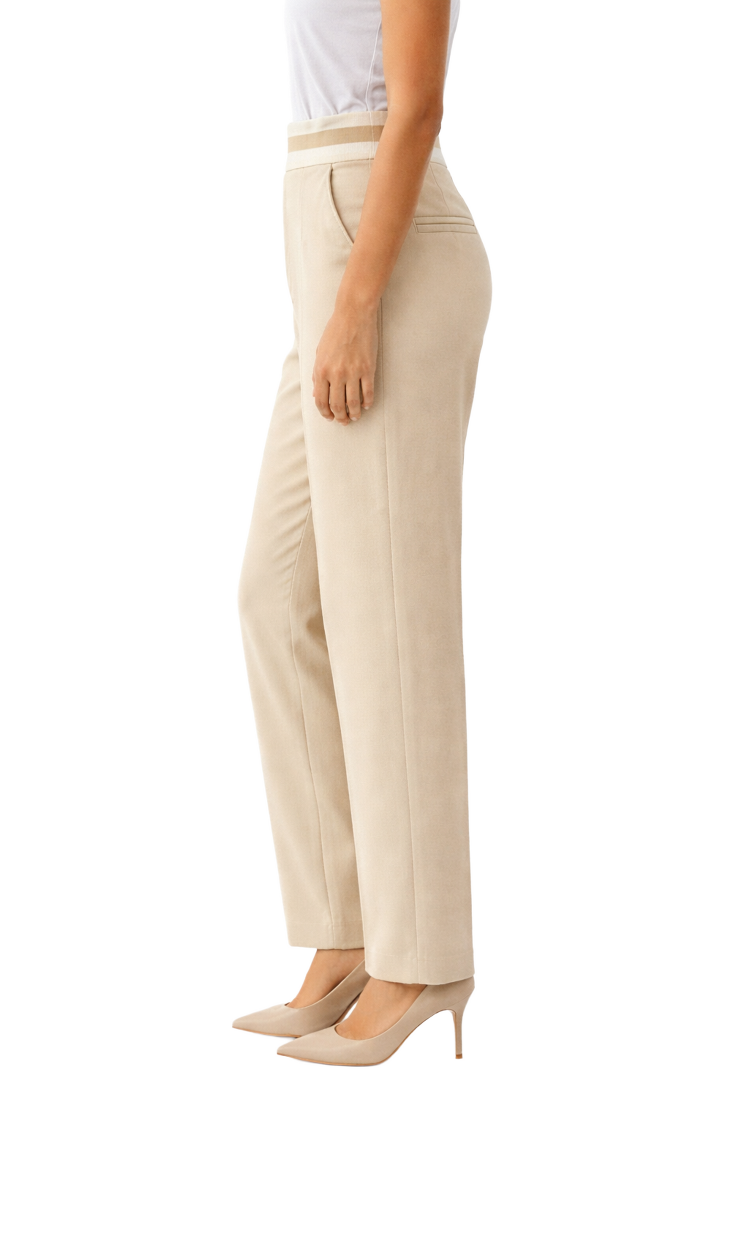Pantalón beige con elástico multicolor en cintura de semi vestir