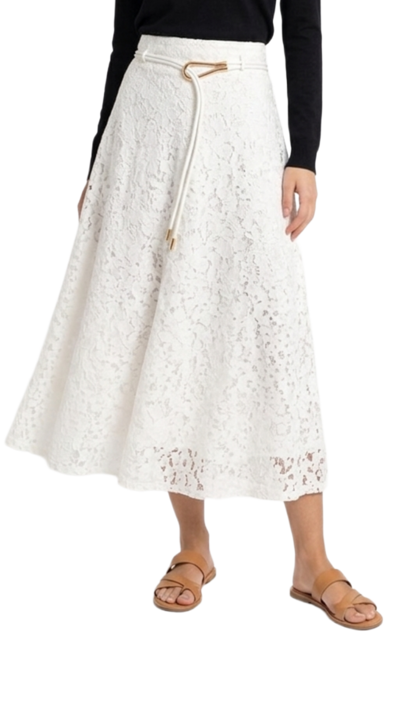 Falda blanca de encaje larga con detalle de cinto