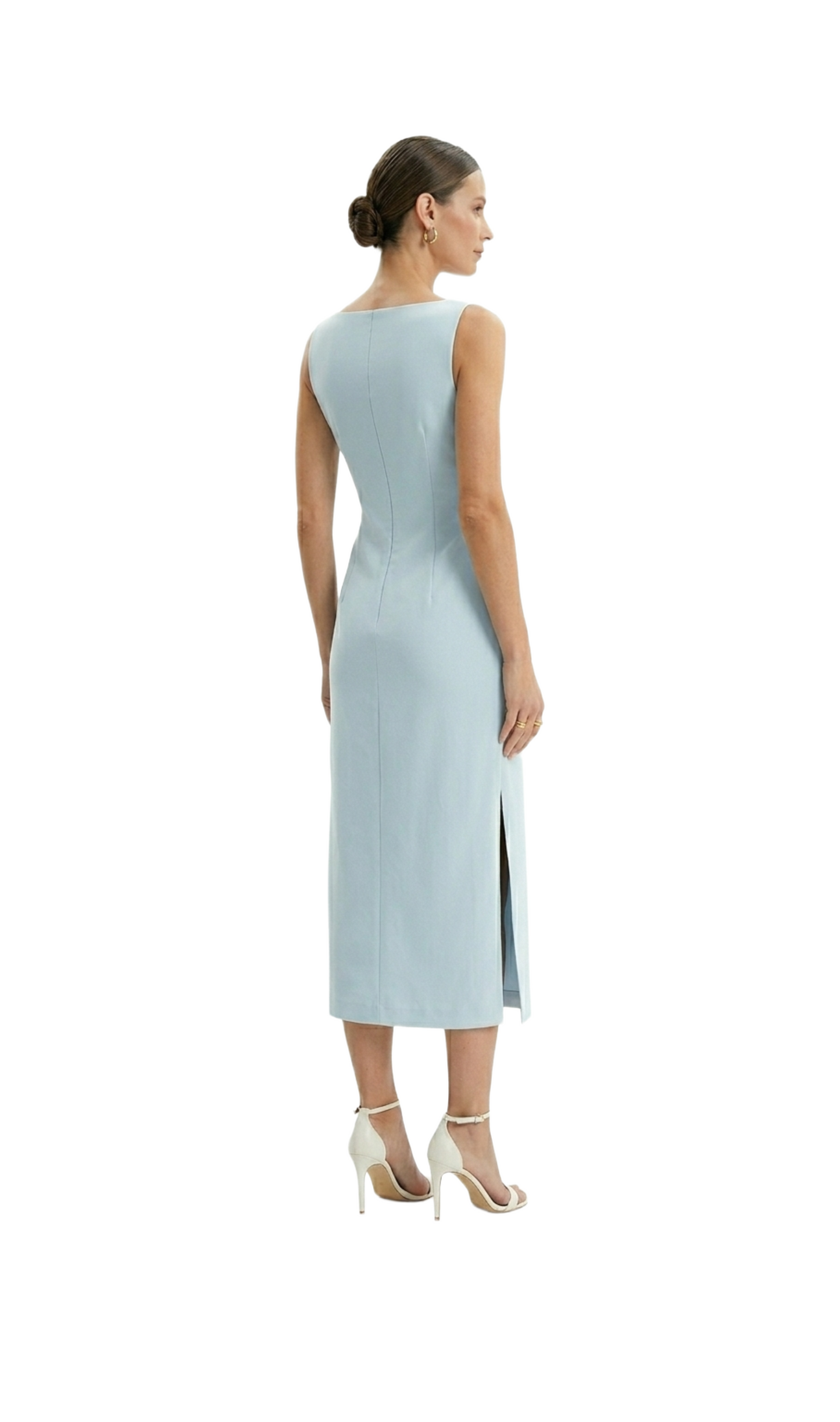 Vestido azul largo con abertura en pierna