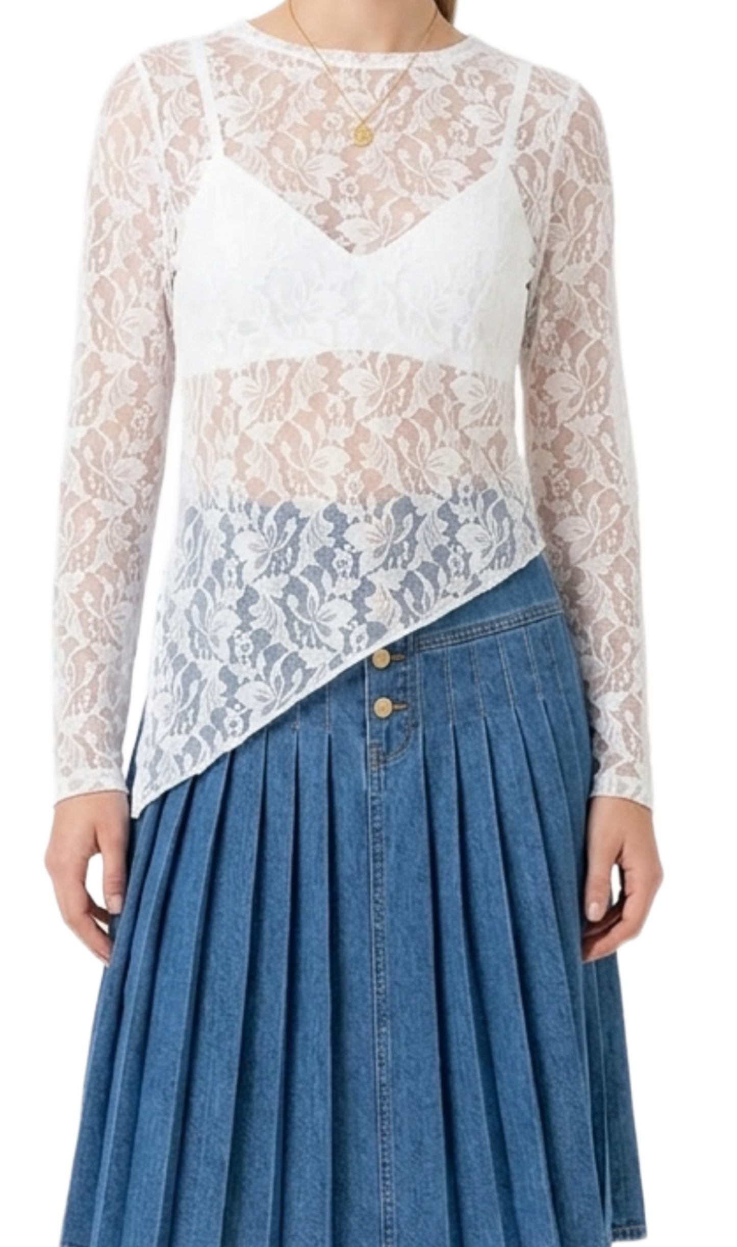 Blusa blanca de encaje transparente con corte desigual