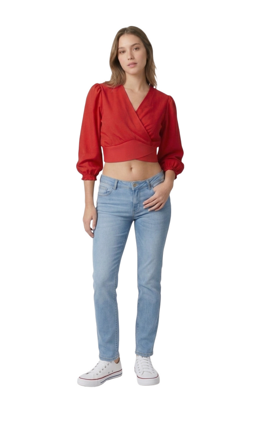 Crop rojo con escote en V manga de globo