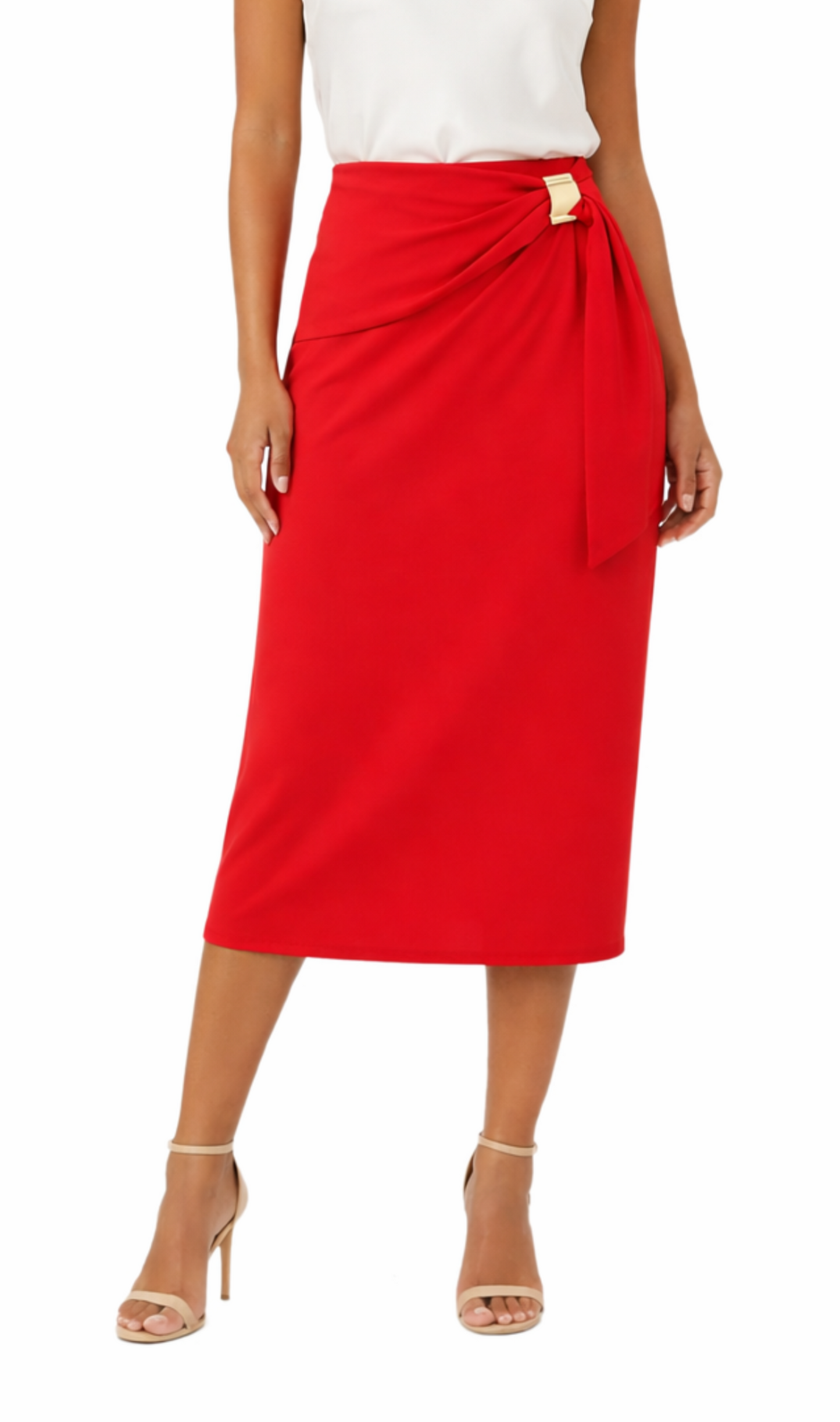 Falda roja tipo lápiz con detalle de cinto lateral