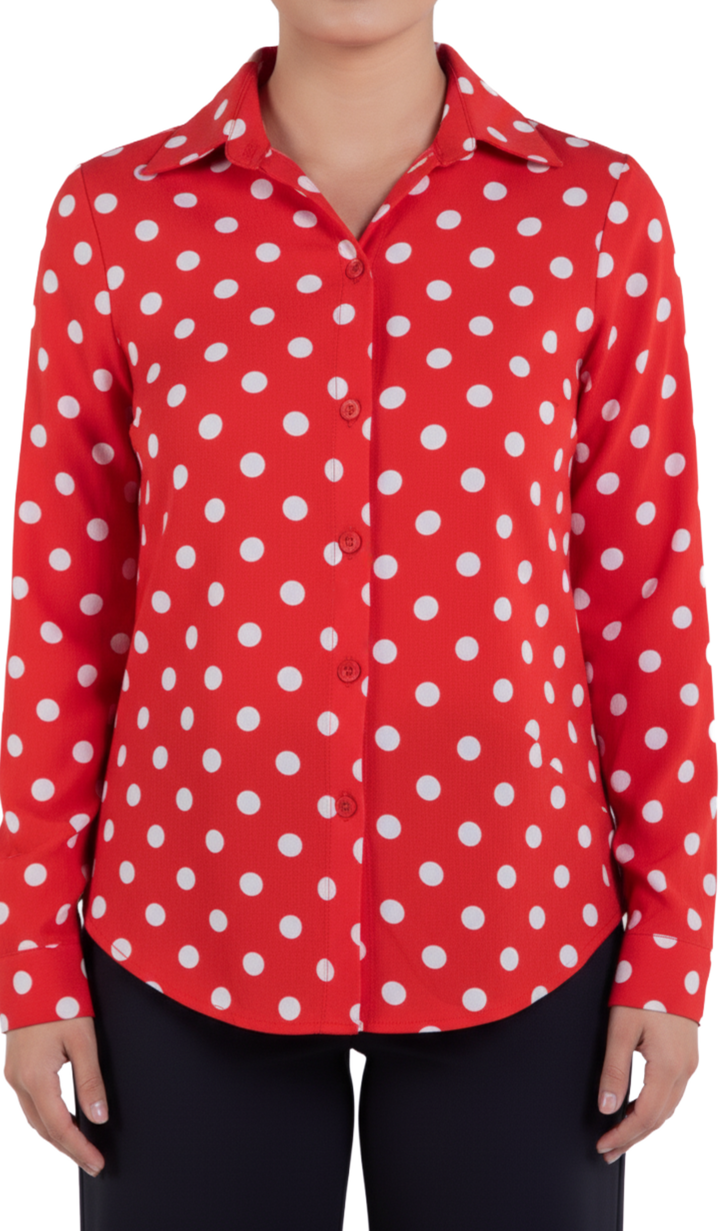 Blusa roja de vestir con puntos blancos