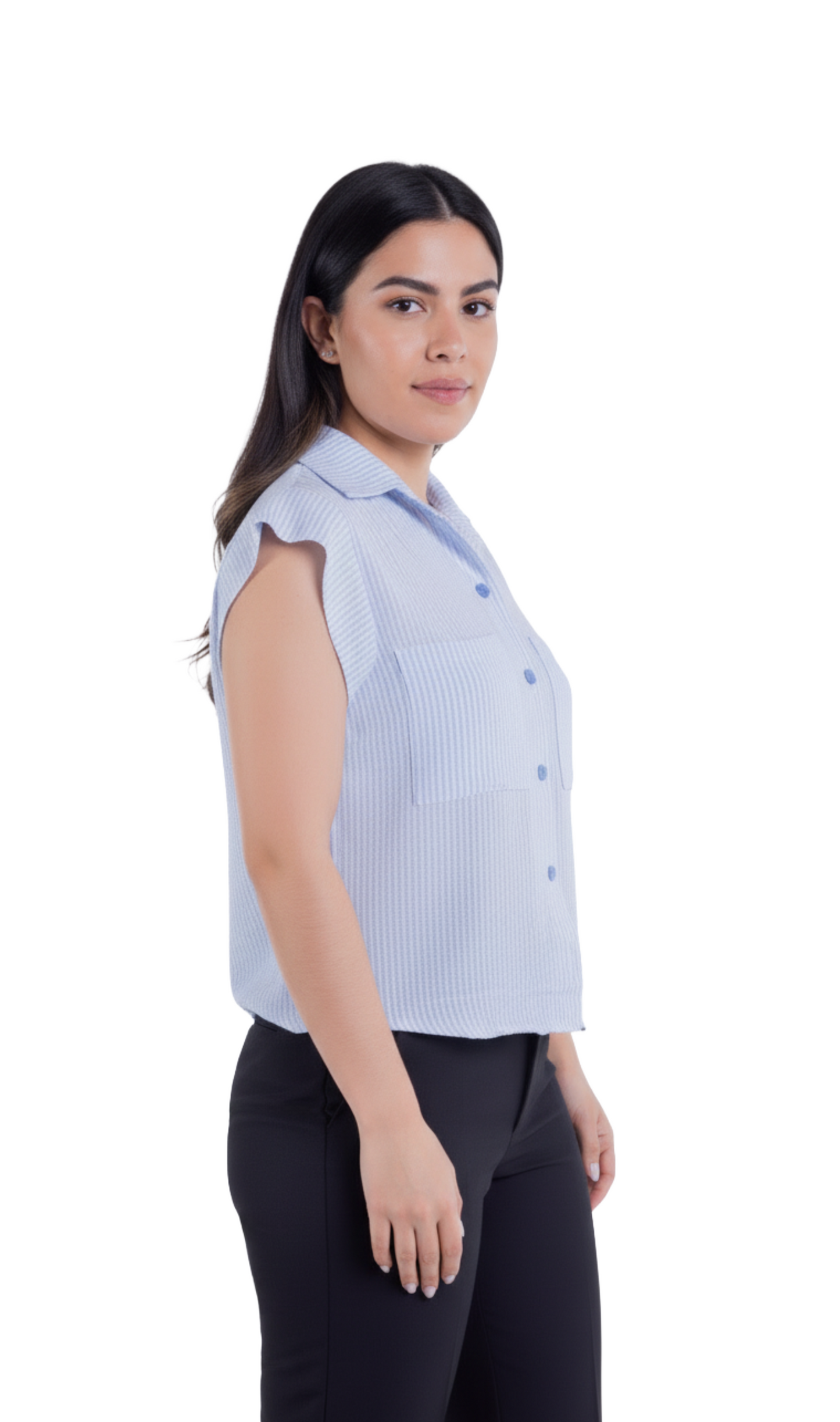 Blusa abotonada de rayas con bolsitas en pecho
