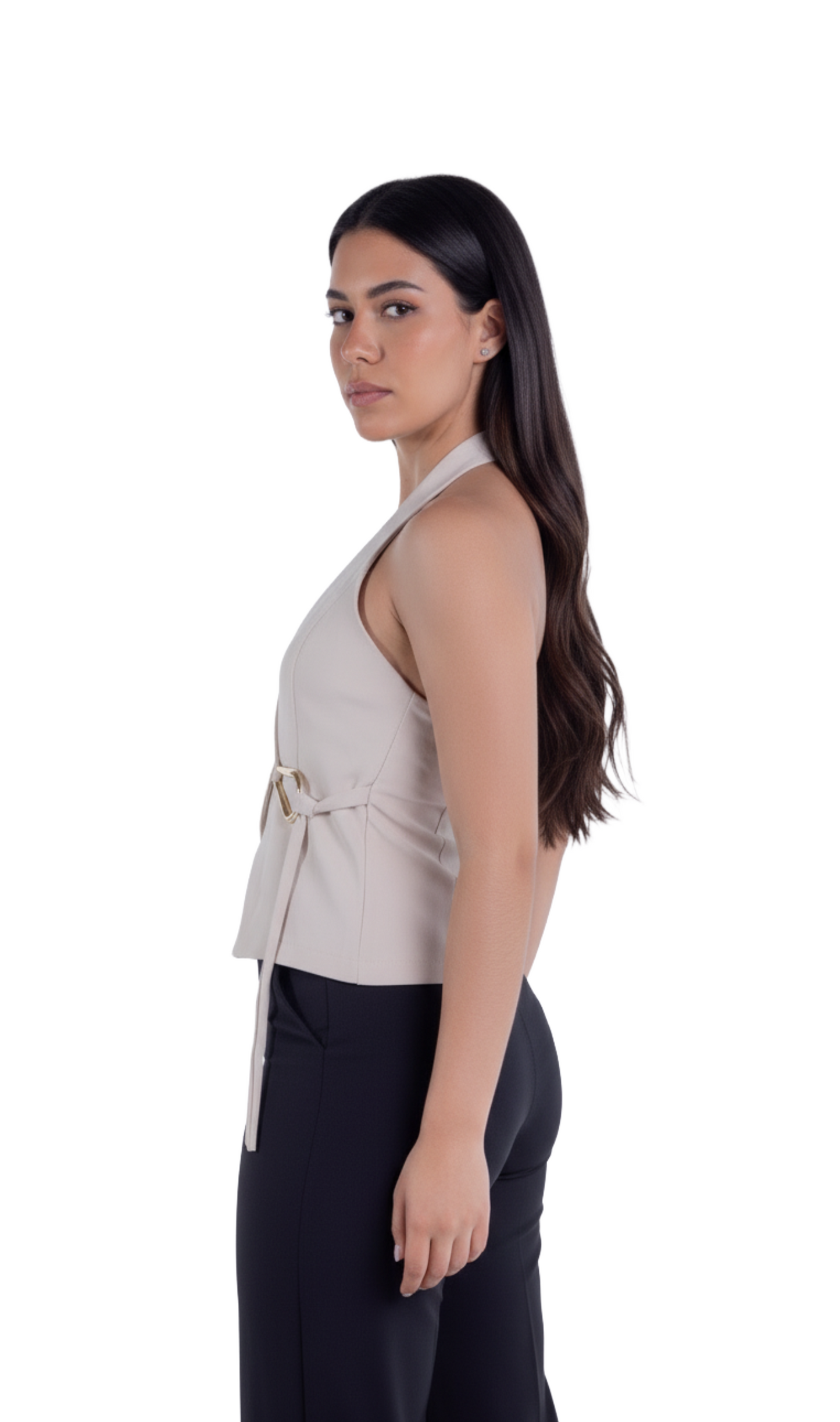 Chaleco beige cuello en V con amarre lateral
