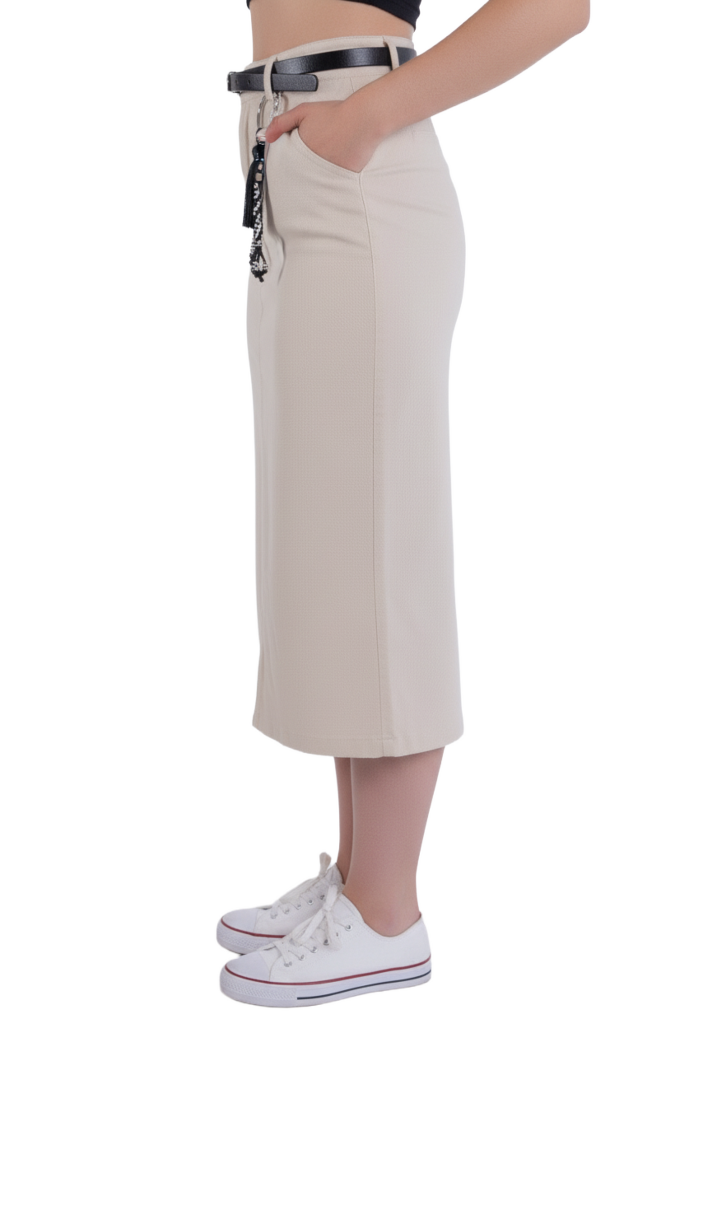 Falda de mezclilla beige con cinto