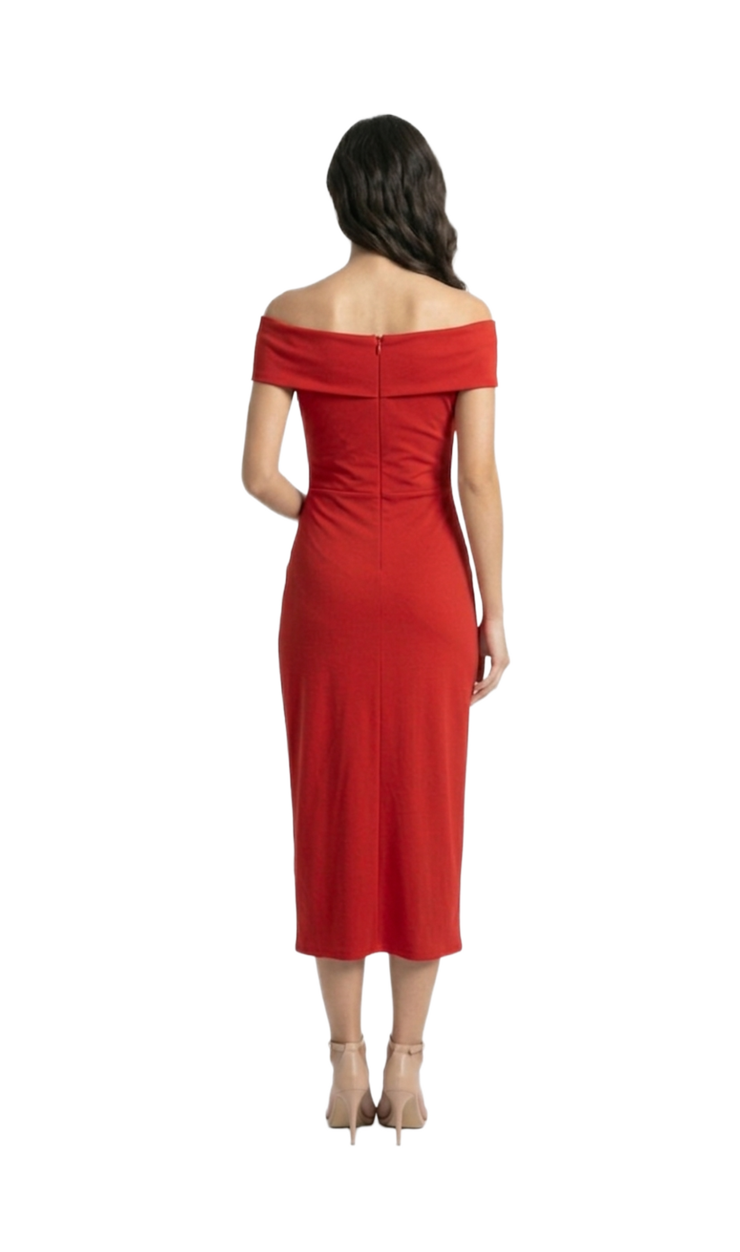 Vestido rojo con caida al hombro y detalle en cintura