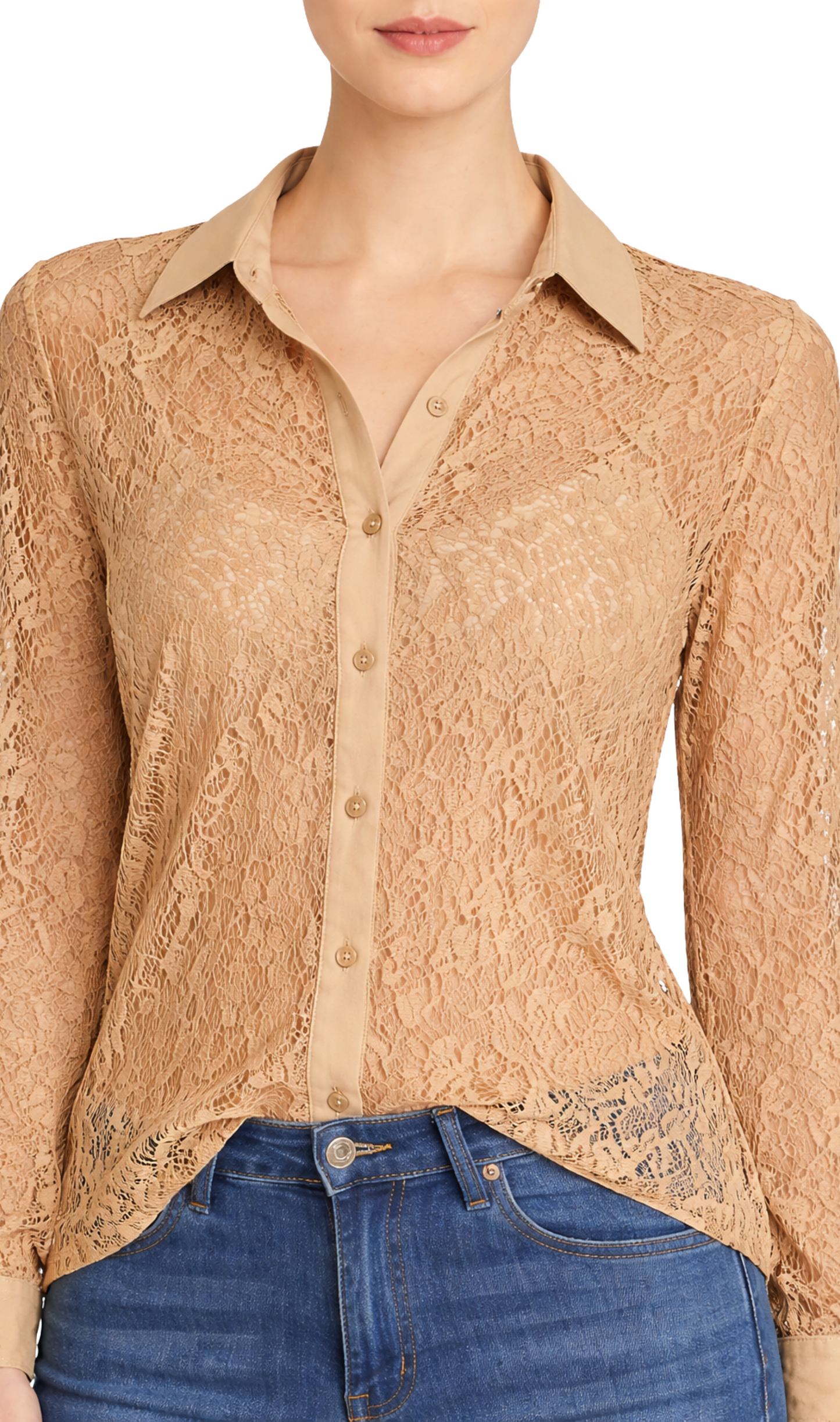 Blusa beige de encaje manga larga