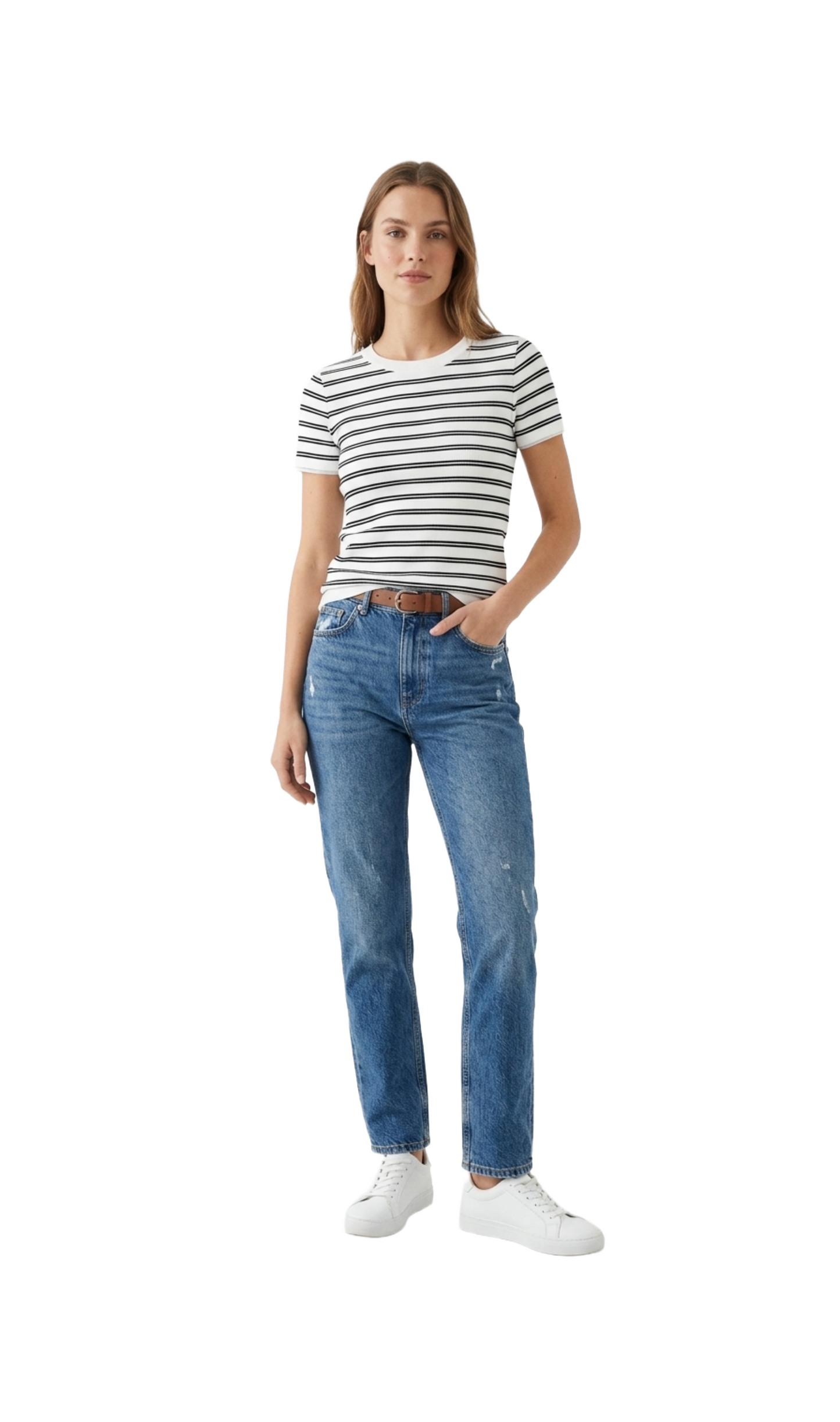 Blusa blanca de rayas acanalada tipo fit