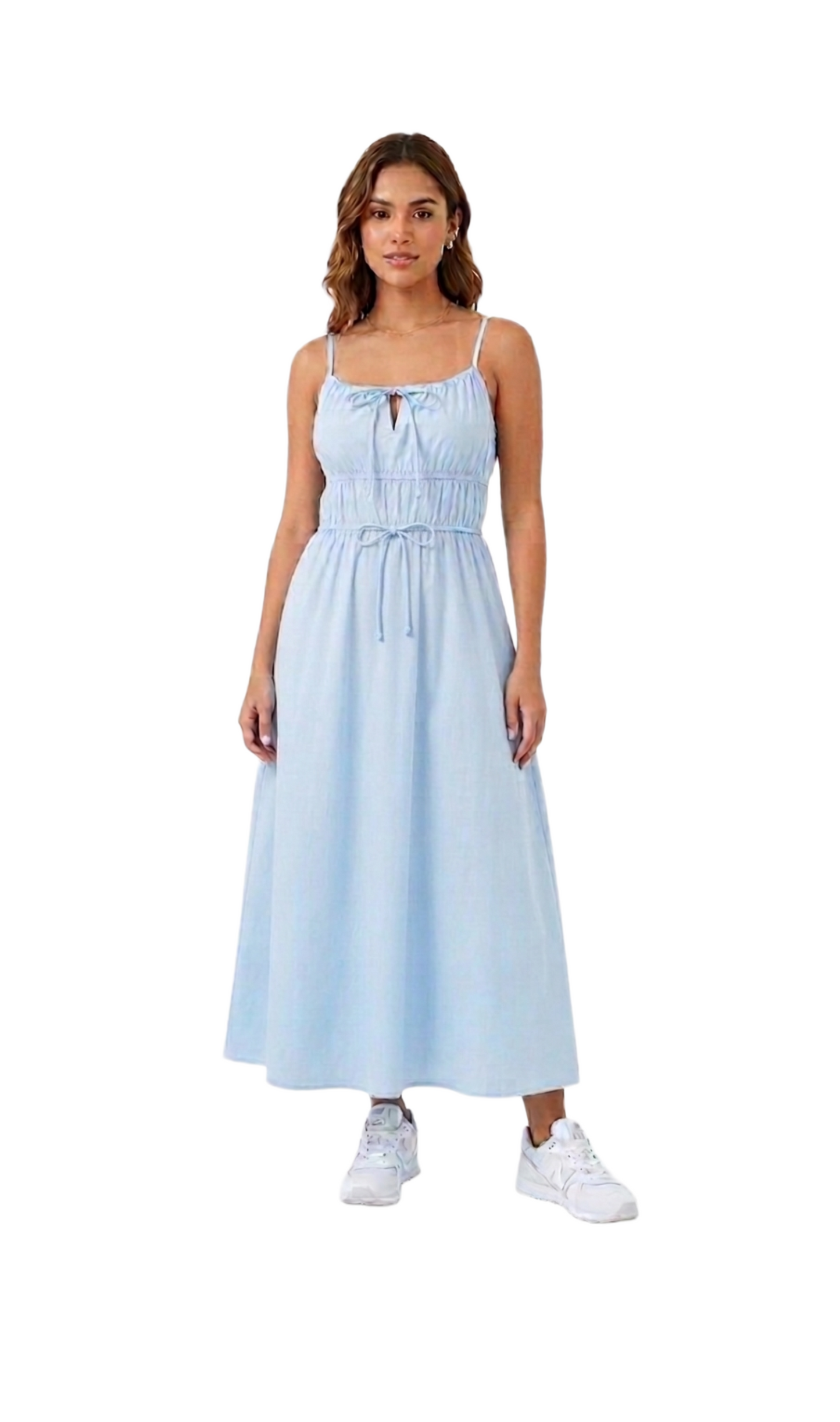 Vestido largo azul con moños decorativos