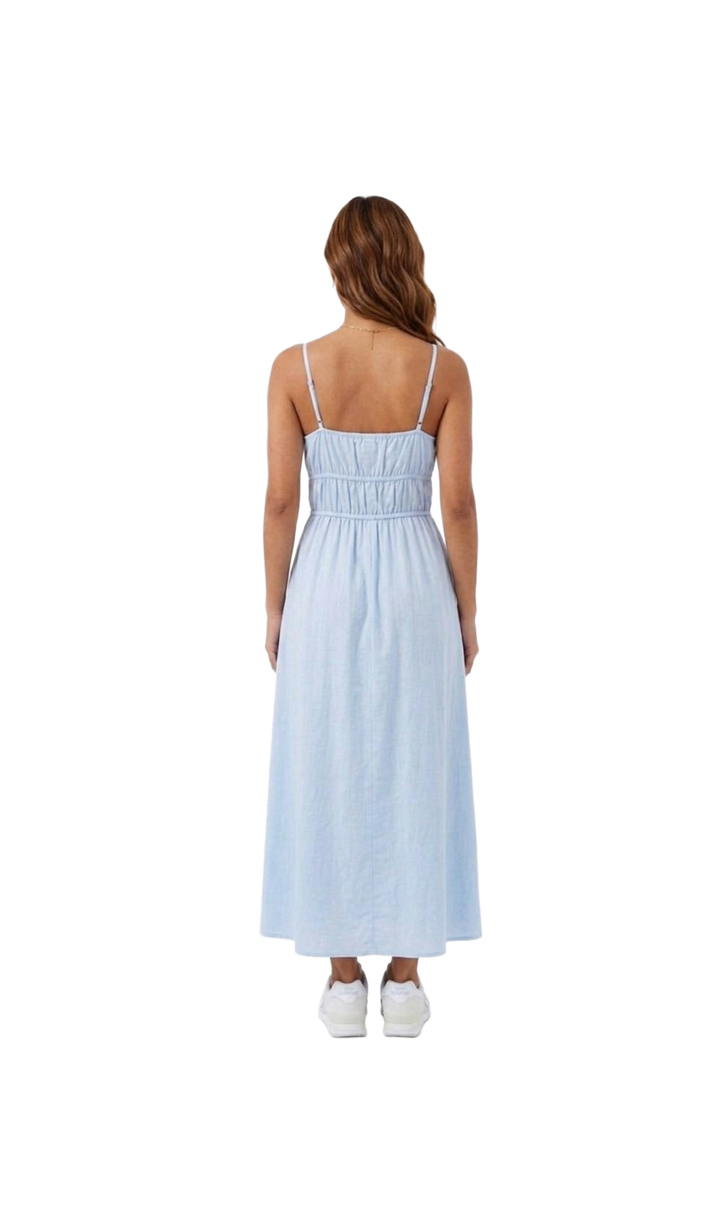 Vestido largo azul con moños decorativos