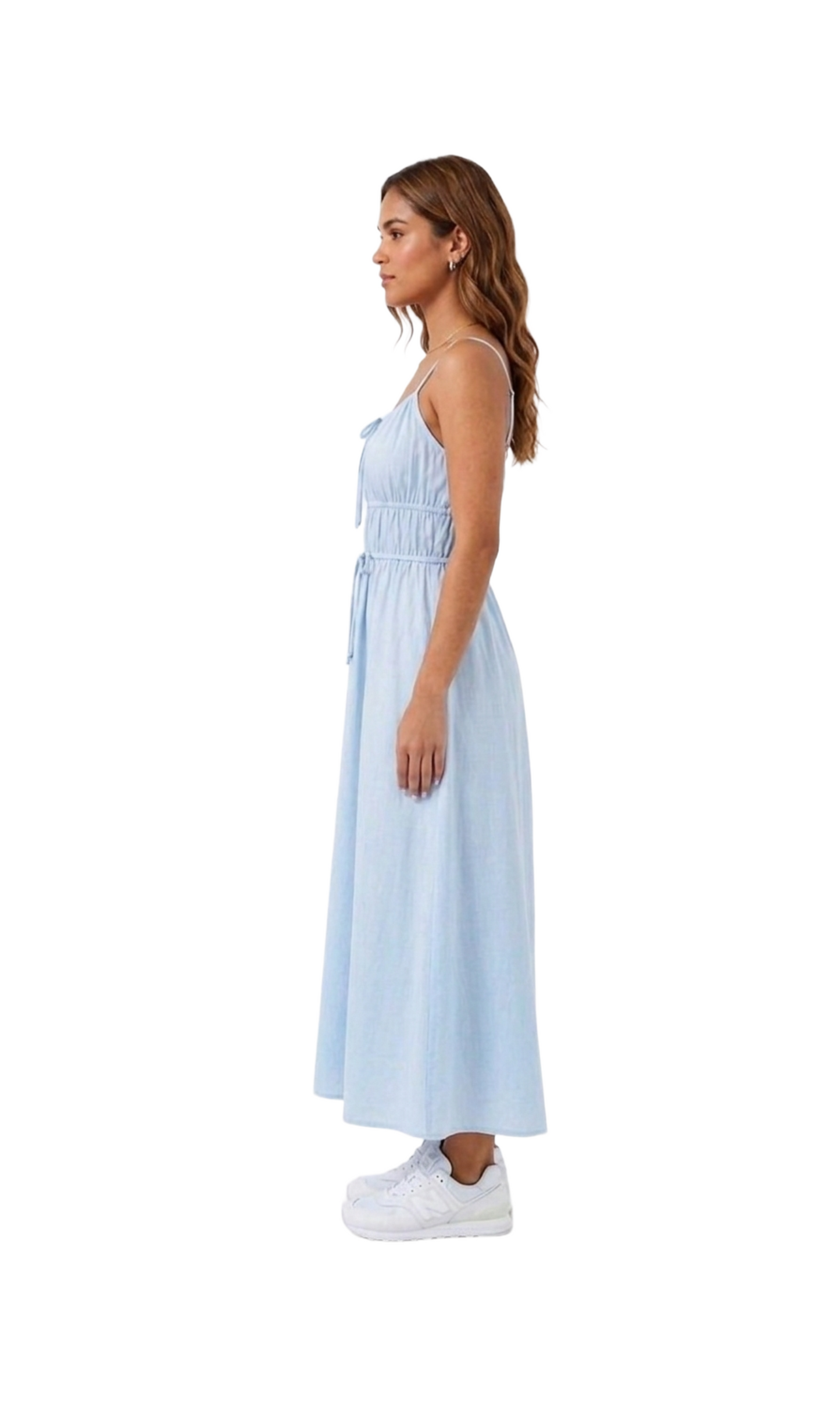 Vestido largo azul con moños decorativos