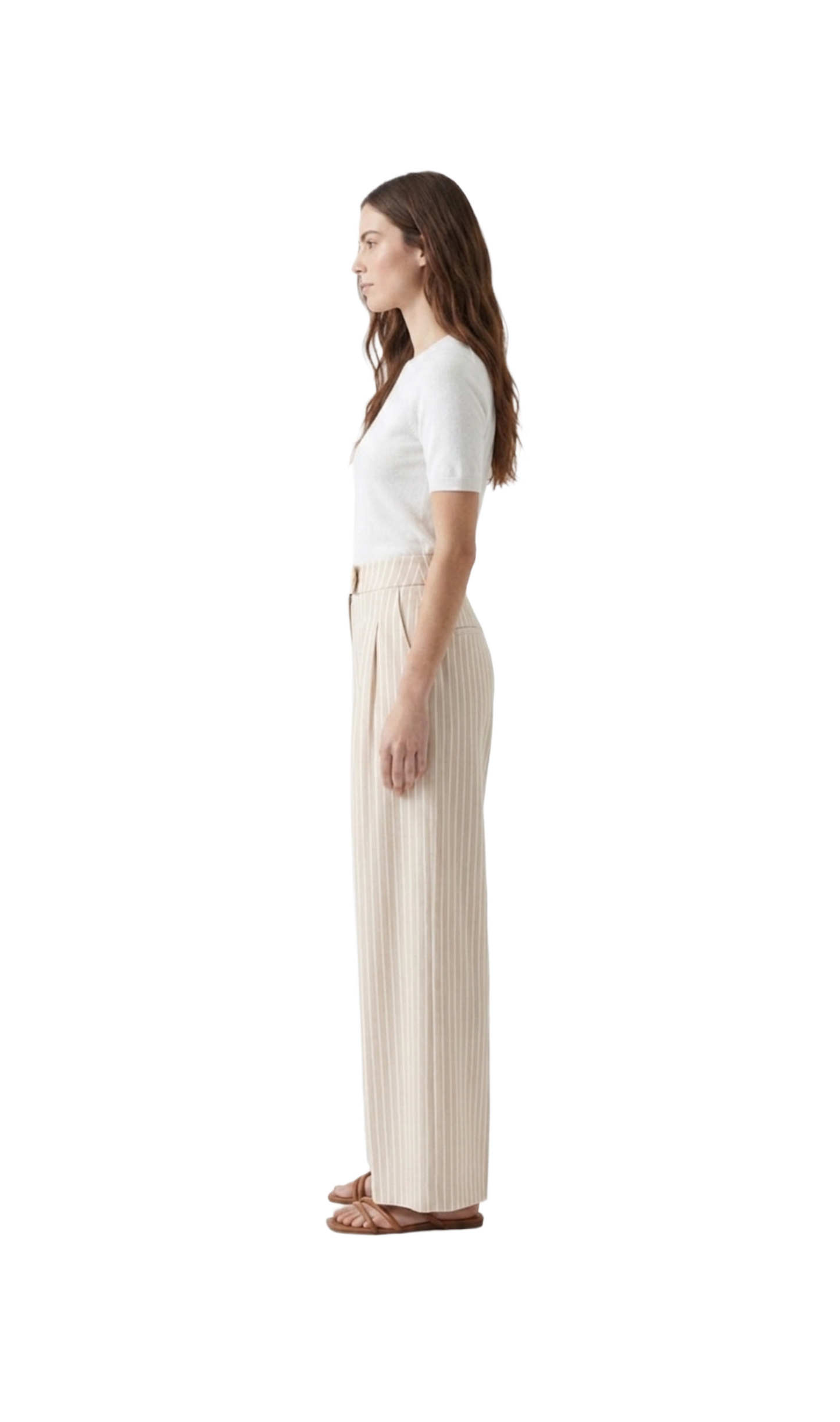 Pantalón beige con rayas blancas con detalle lateral de cinto