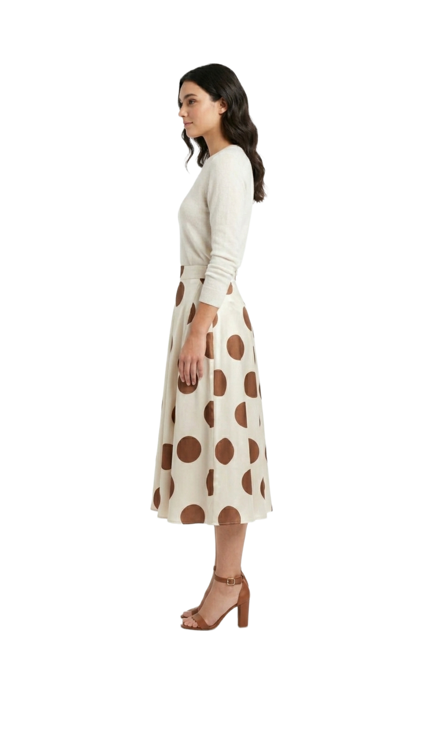 Falda larga beige satinada con puntos cafes
