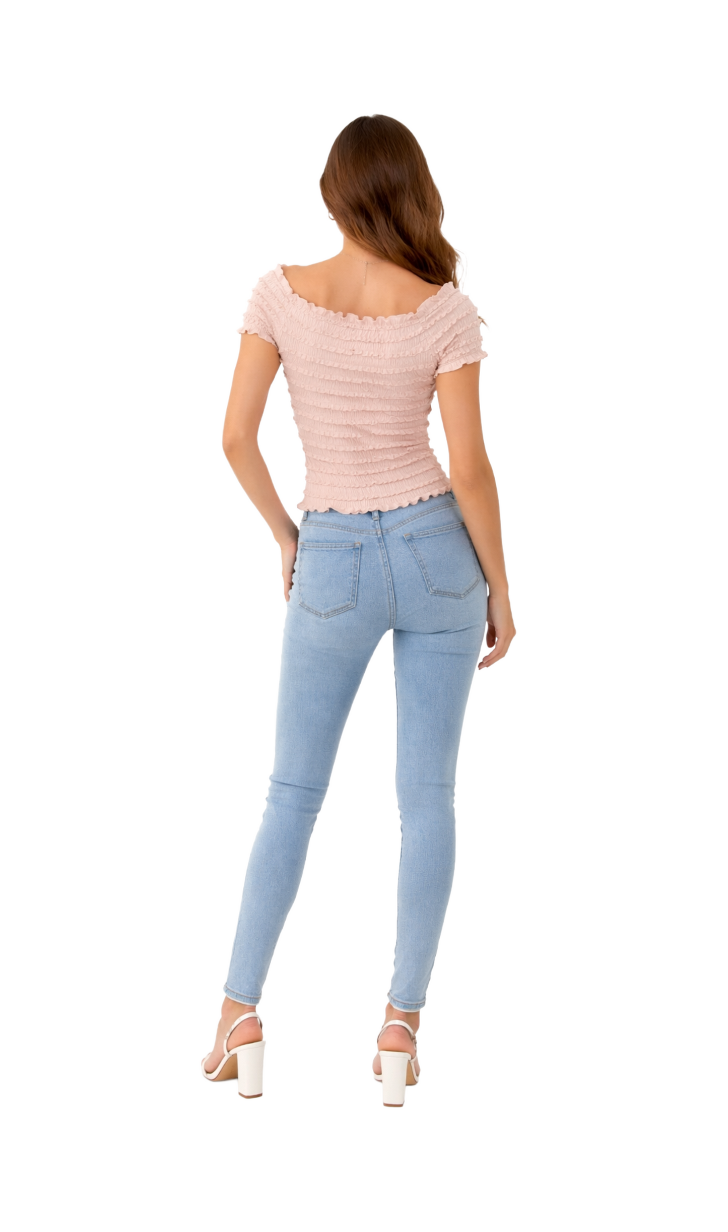 Blusa rosa seccionada con olanes, plisada