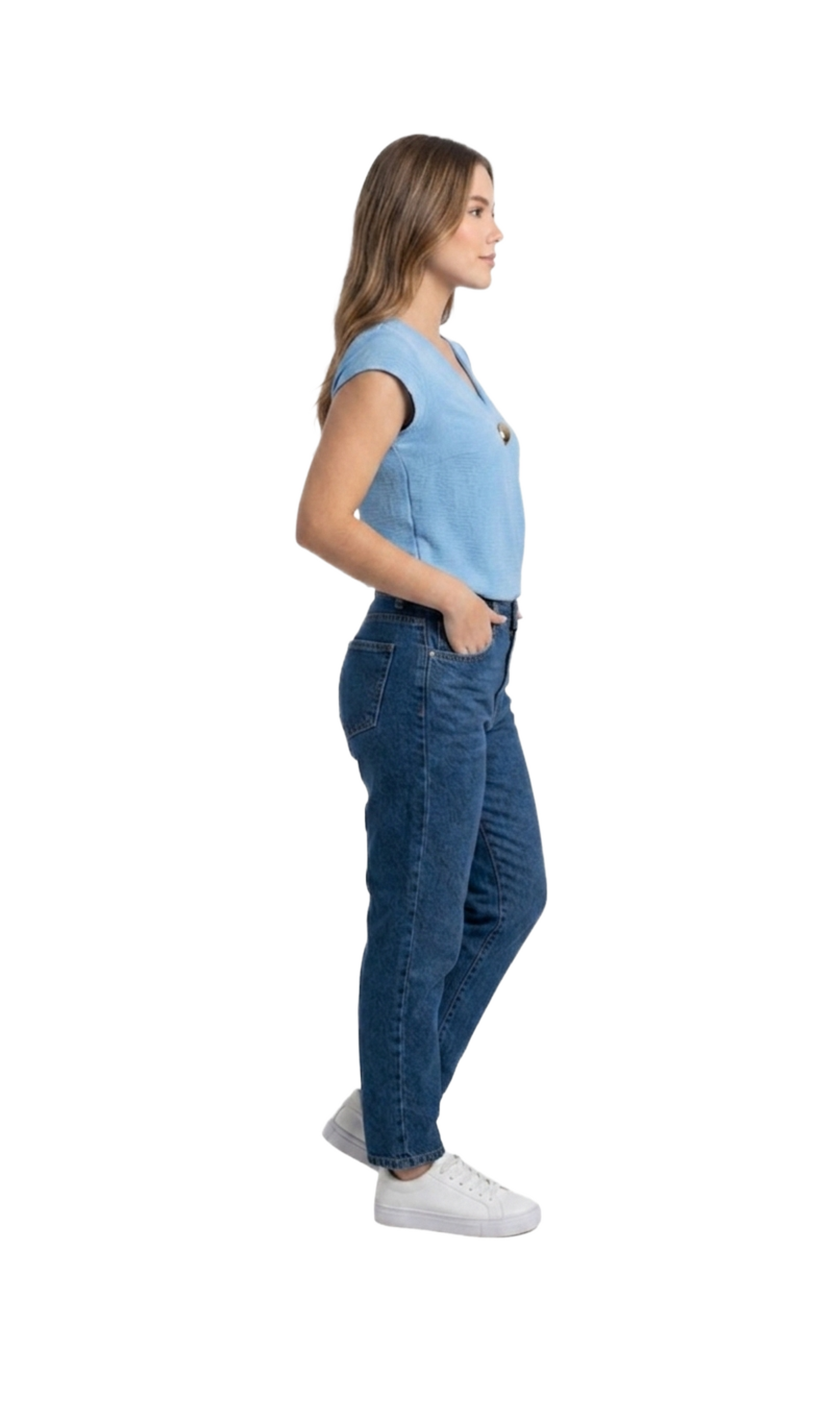 Blusa azul con botón decorativo