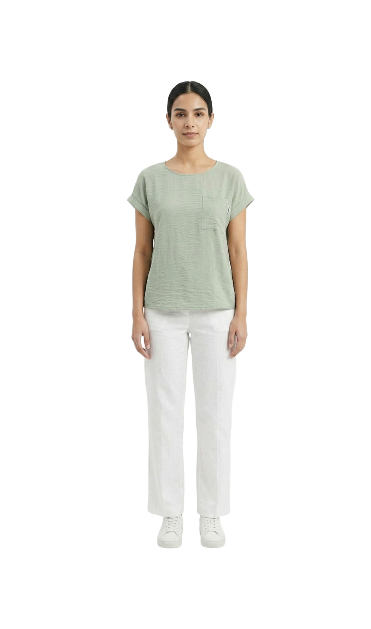 Blusa verde cuello redondo oversize con una bolsita