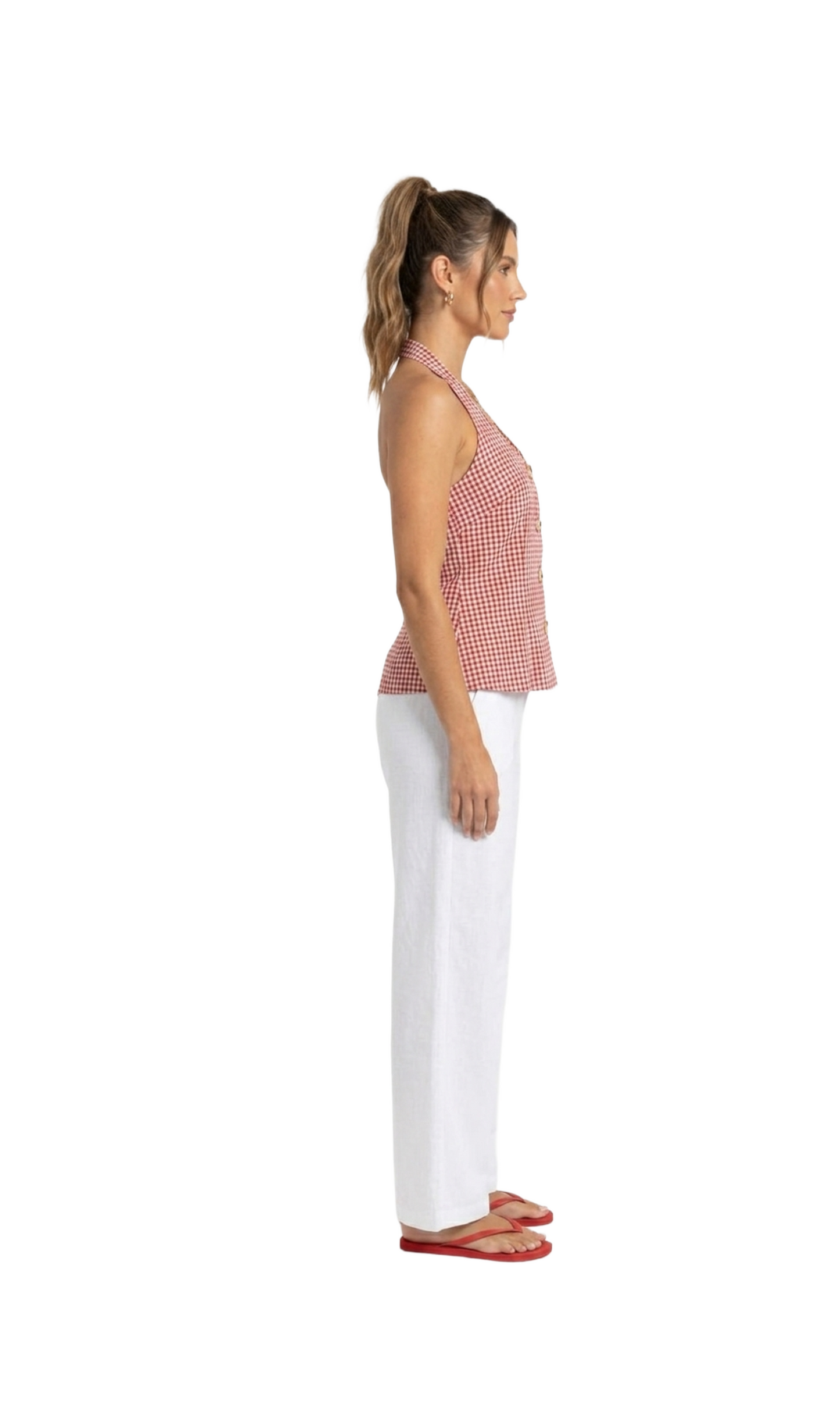 Crop top halter cuadricula con botones dorados