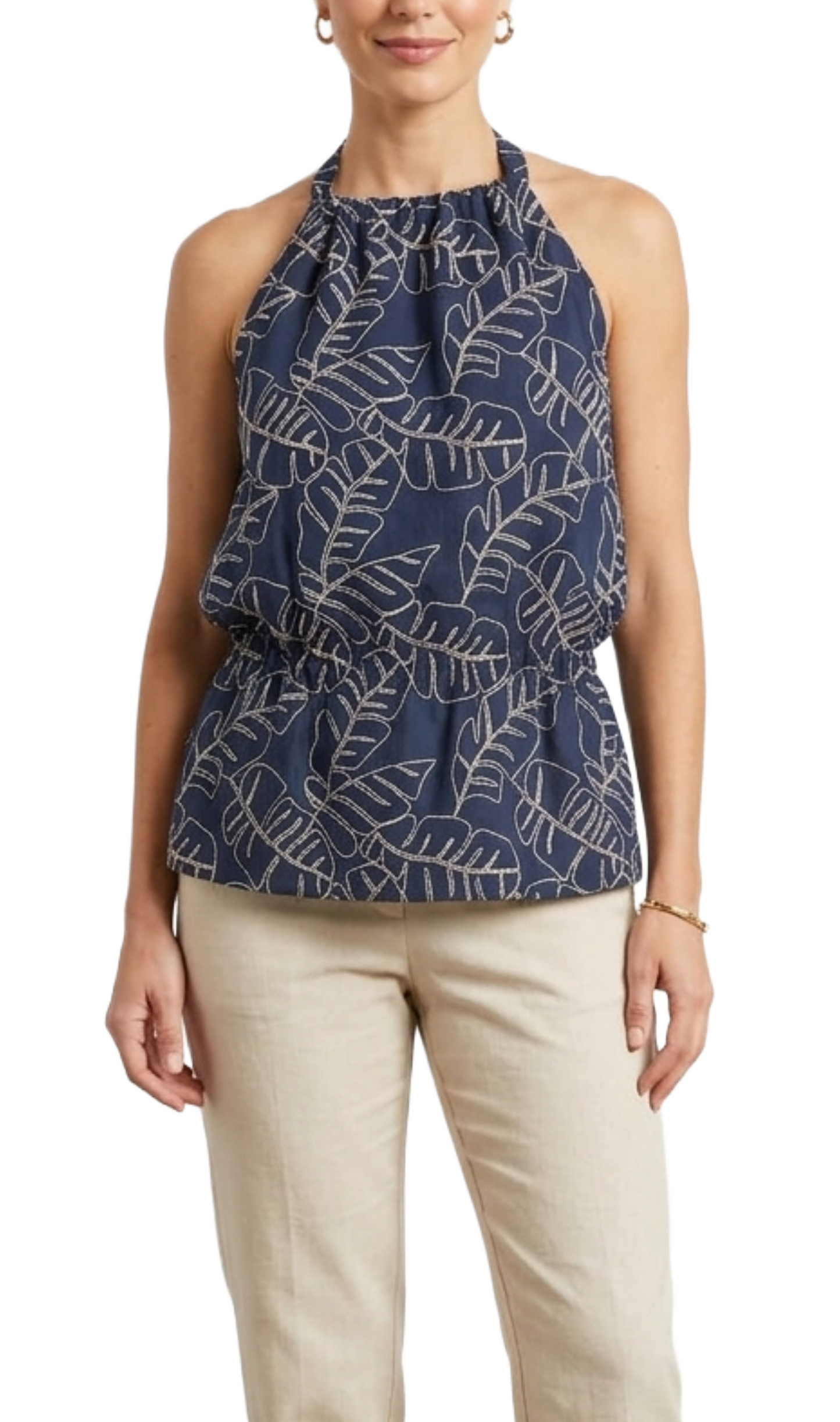 Blusa de lino azul con tejido decorativo de naturaleza