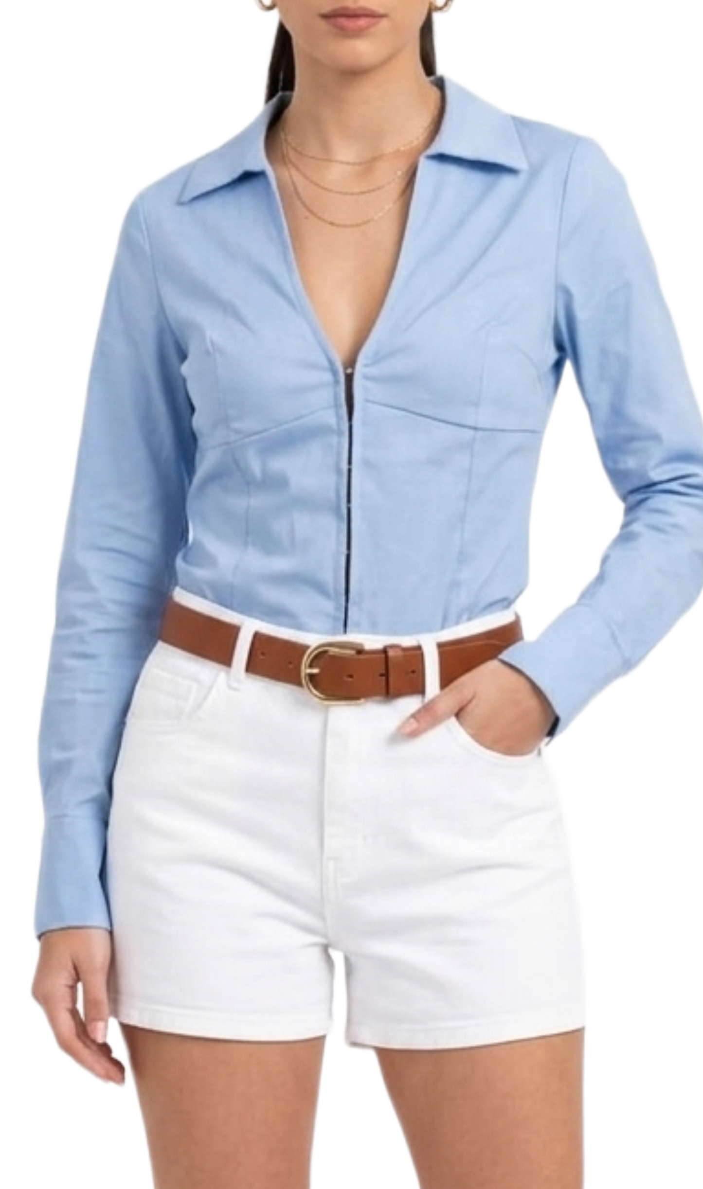 Blusa azul seccionada manga larga