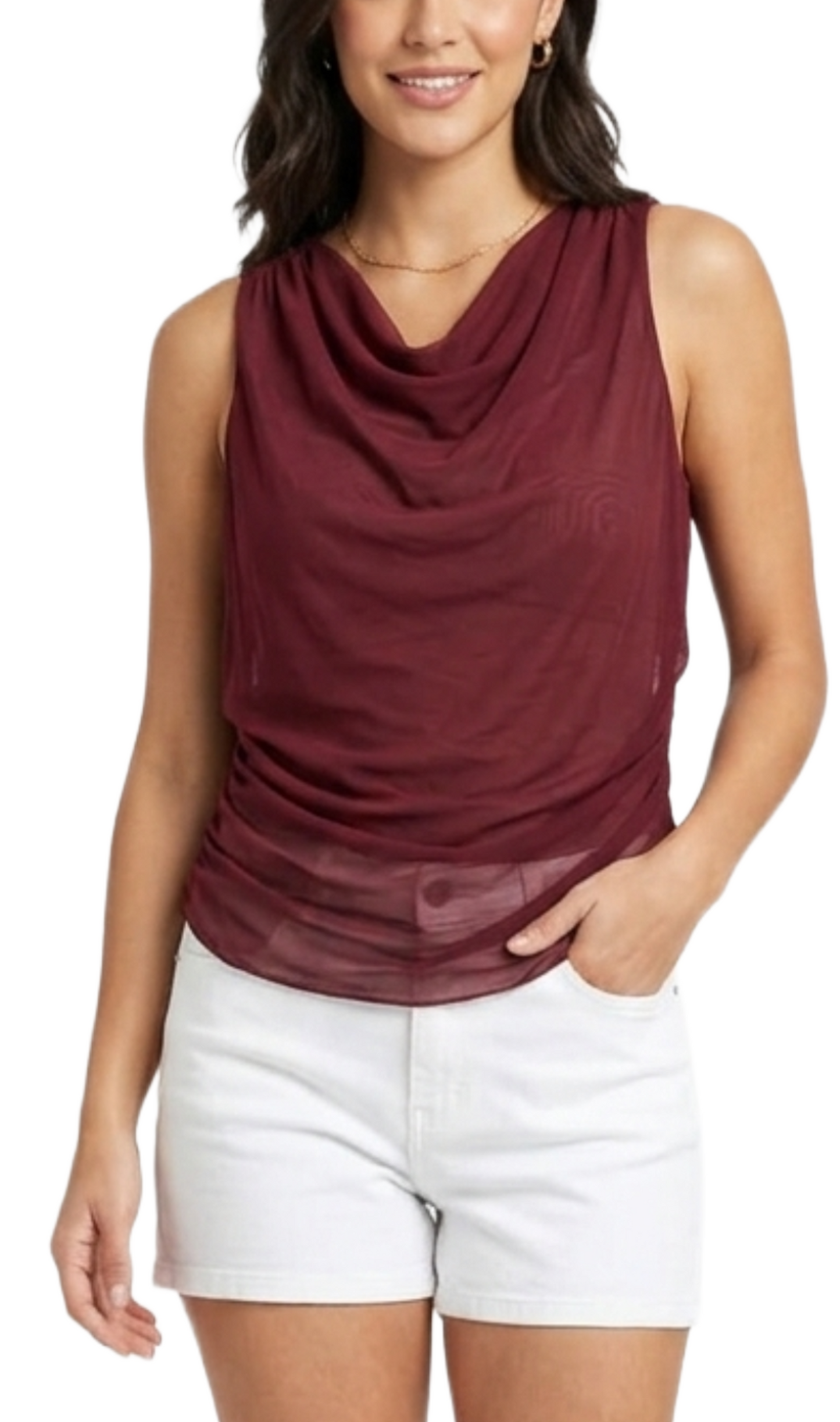 Blusa guinda mesh plisados laterales