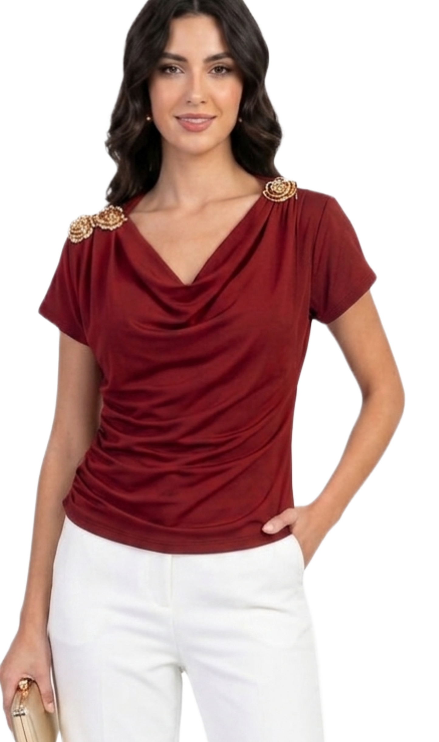 Blusa guinda con detalles metálicos de flores en hombros