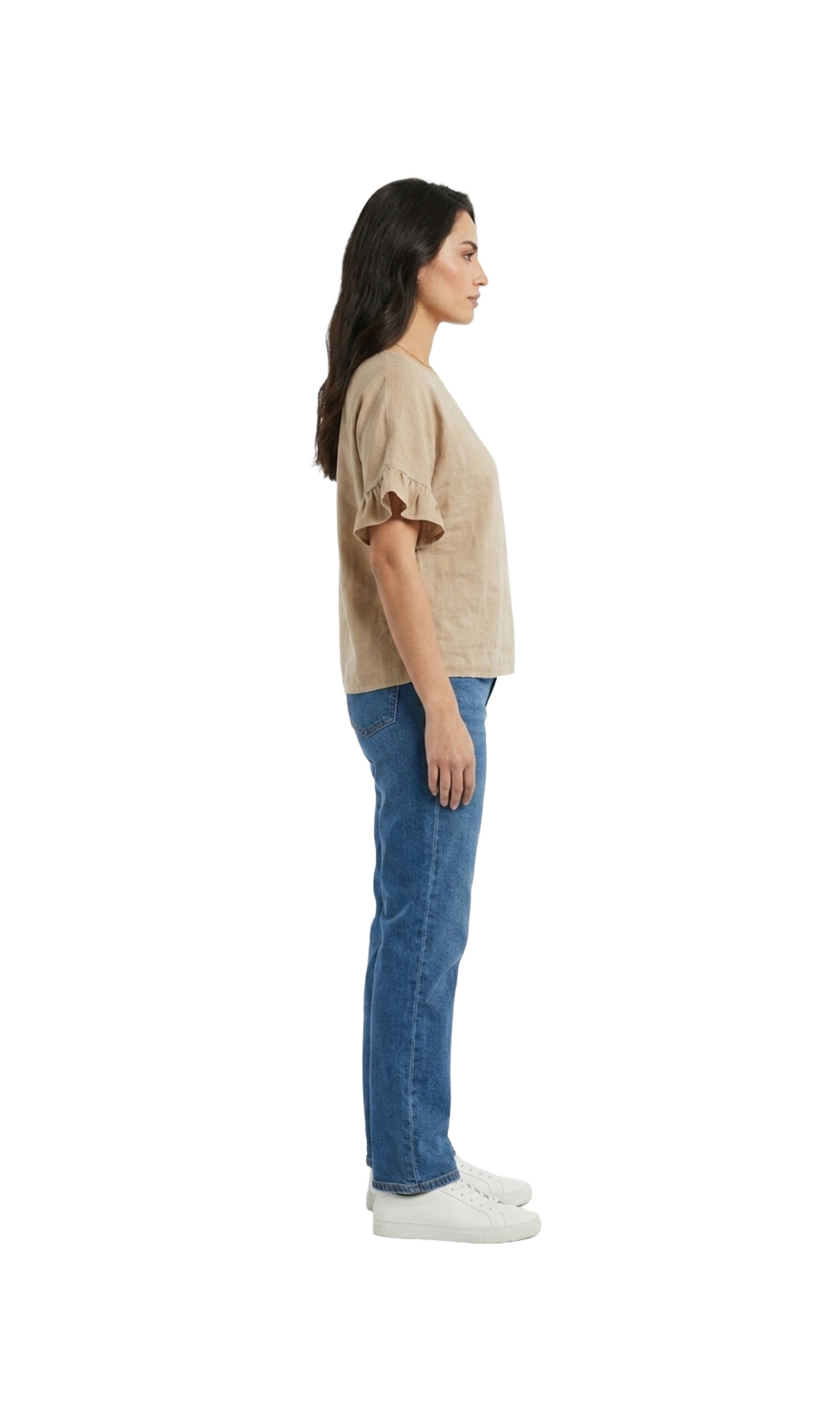 Blusa beige cuello redondo con manga plisada