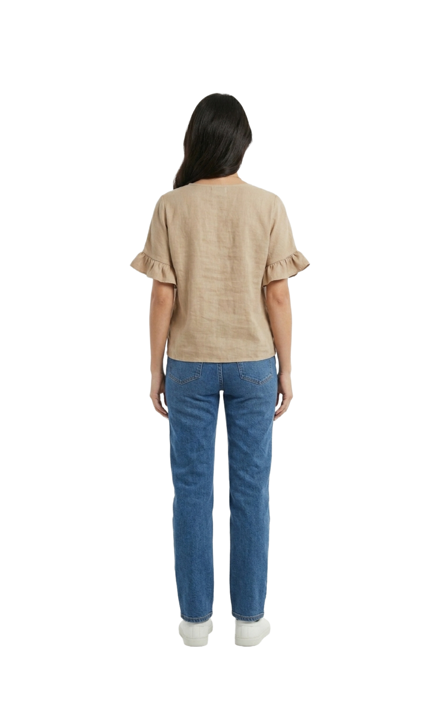 Blusa beige cuello redondo con manga plisada
