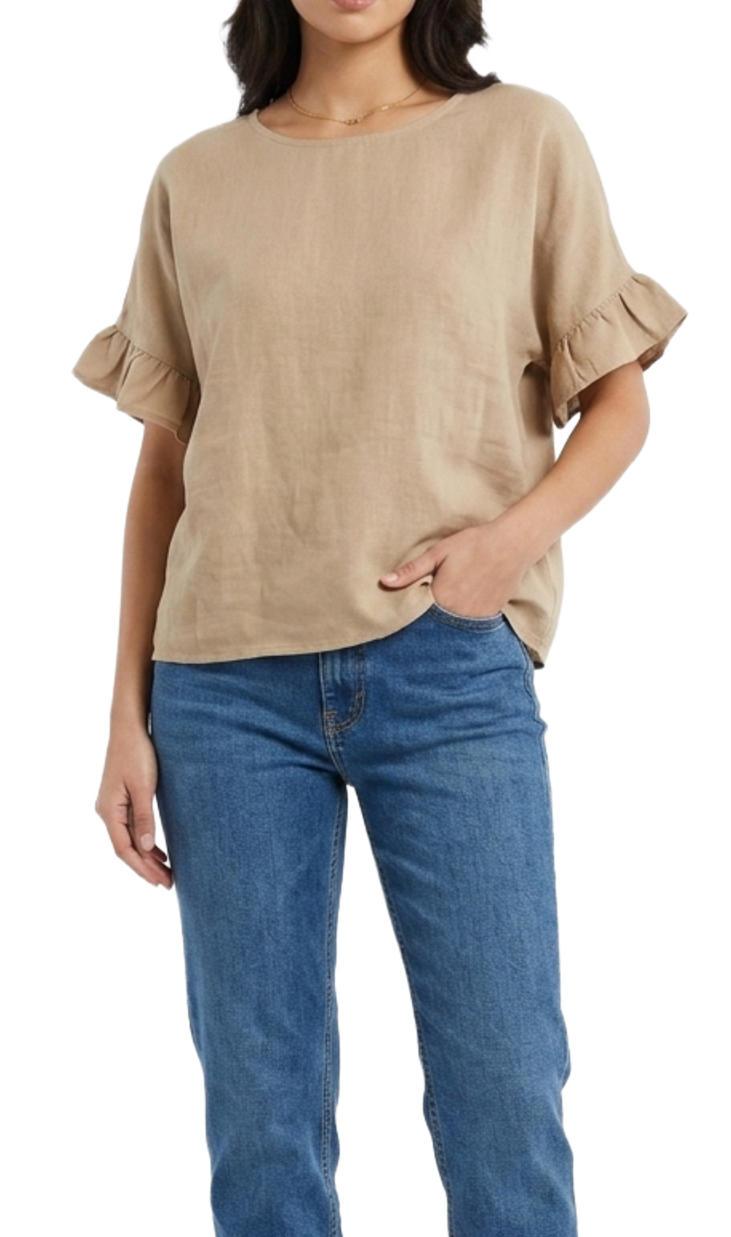 Blusa beige cuello redondo con manga plisada