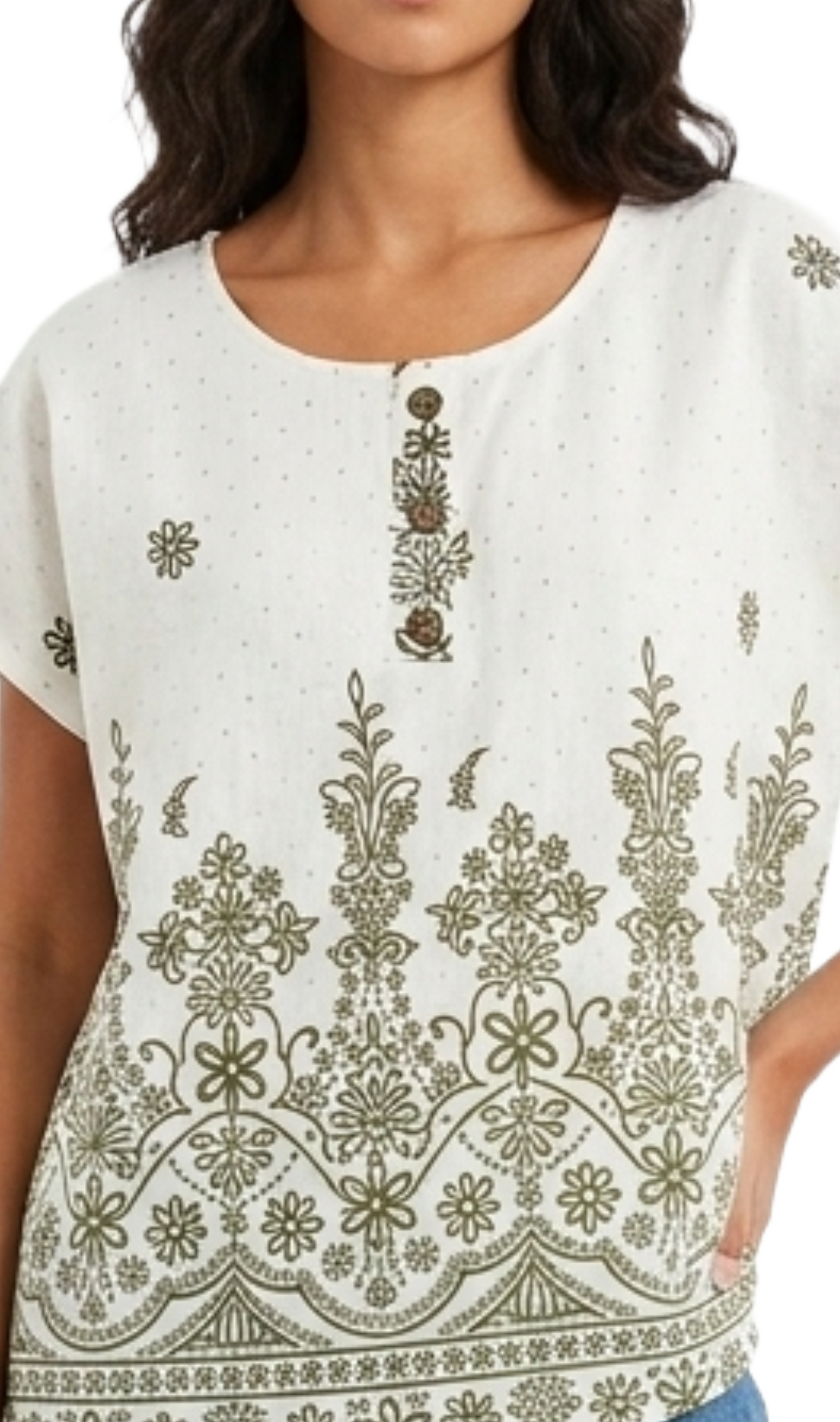 Blusa beige con brillos y estampado barroco
