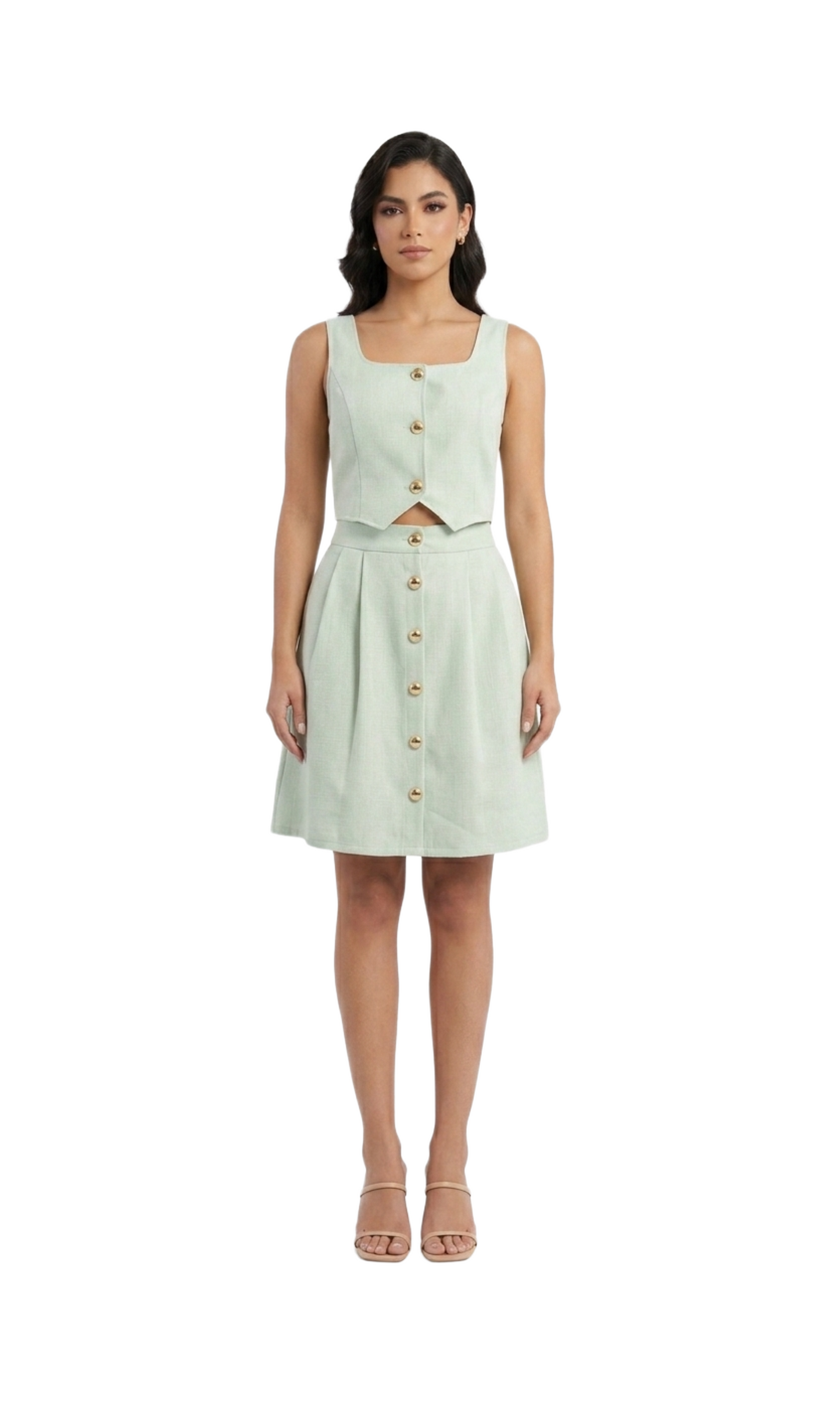 Conjunto verde de chaleco abotonado y falda circular