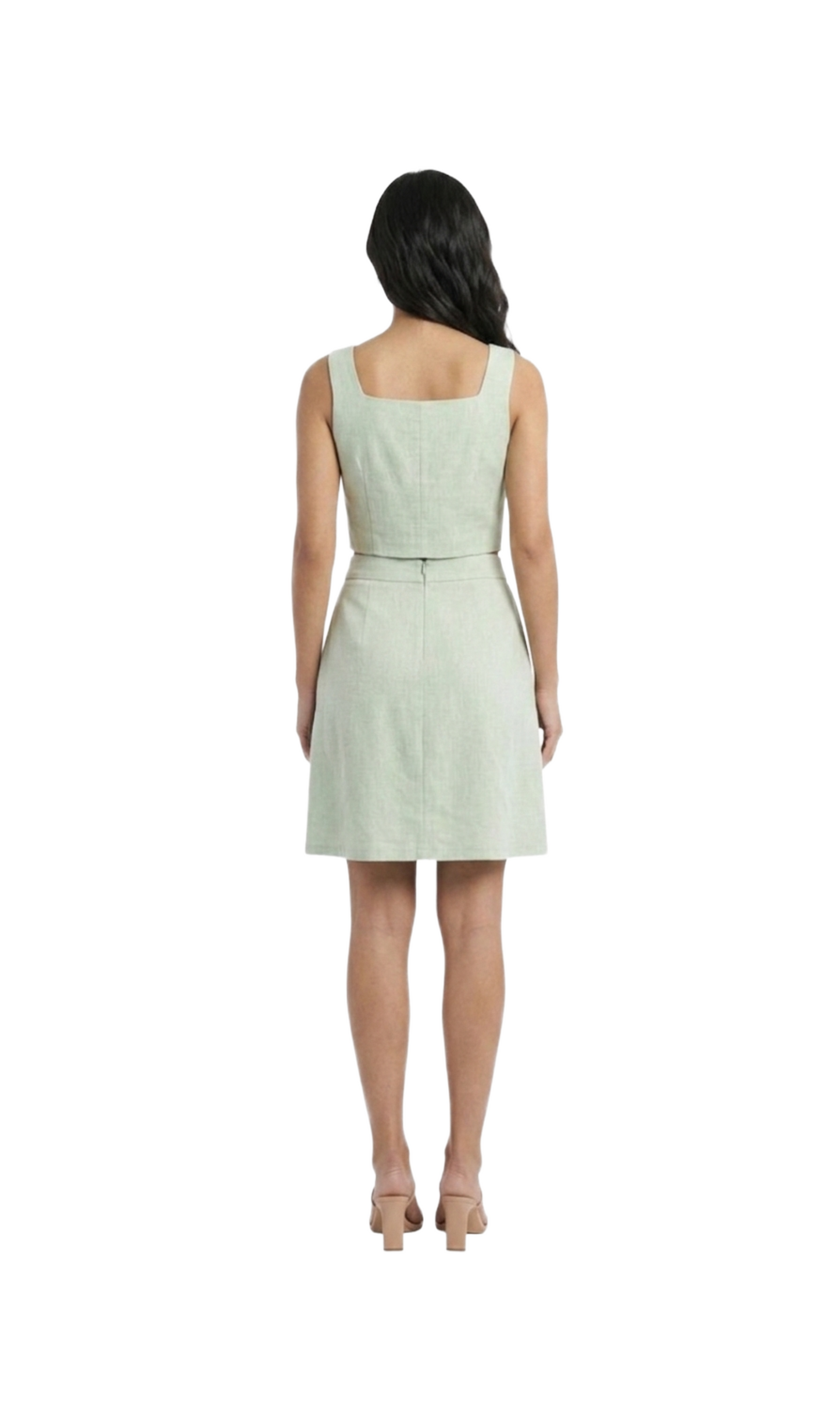 Conjunto verde de chaleco abotonado y falda circular