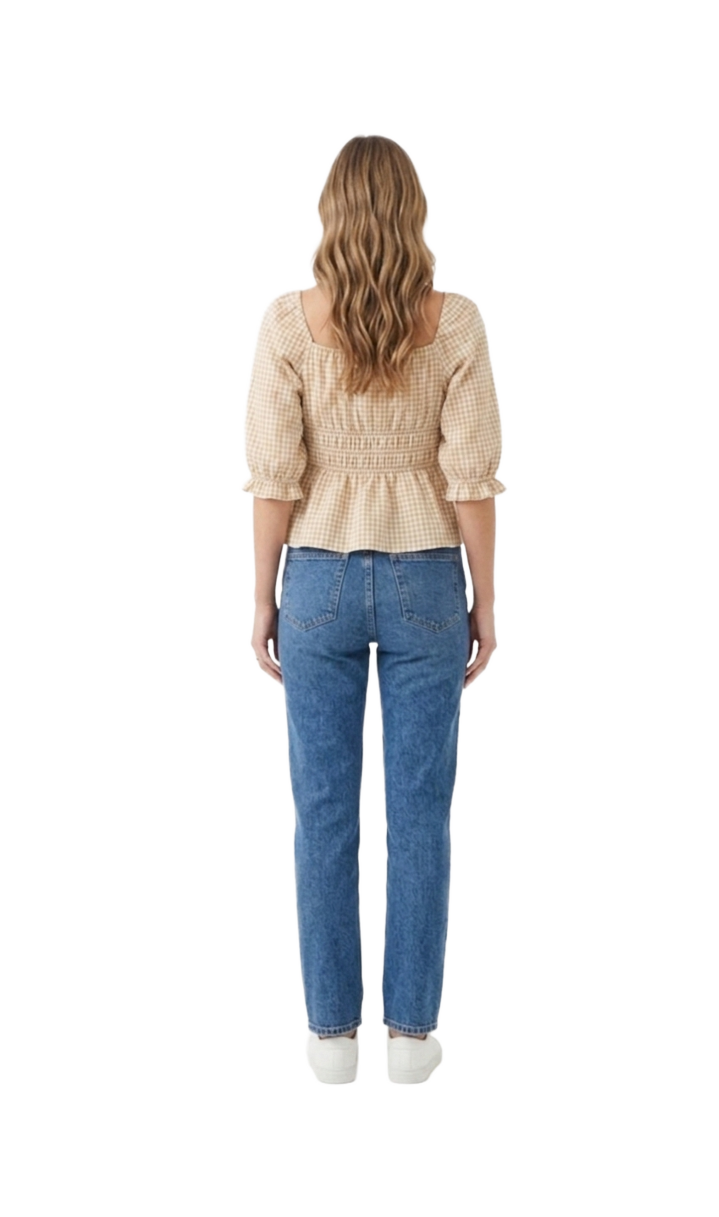 Blusa tipo campesina cuadriculada beige y cafe
