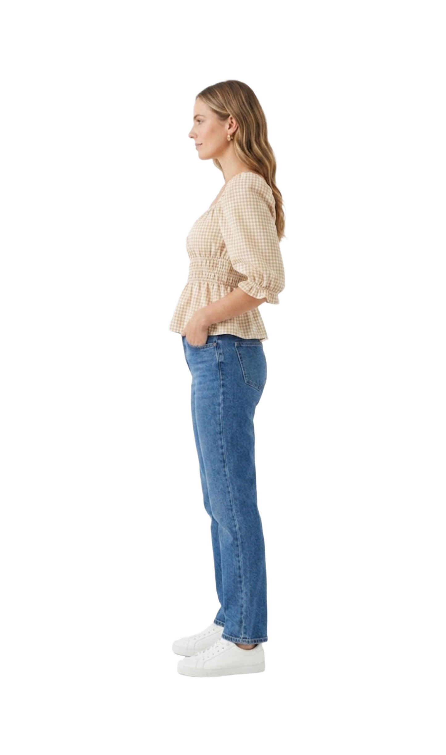 Blusa tipo campesina cuadriculada beige y cafe