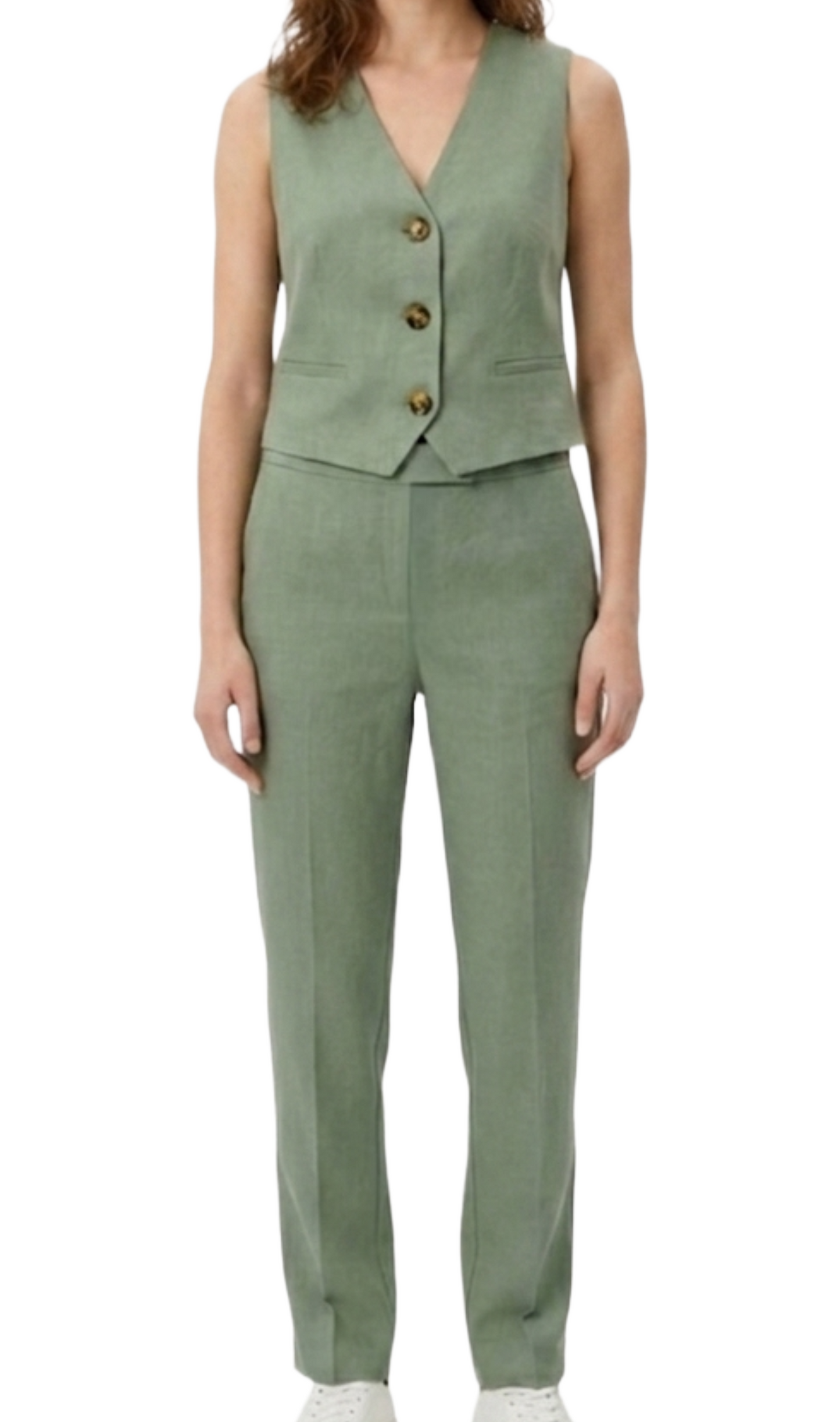 Conjunto verde de lino con chaleco y pantalon