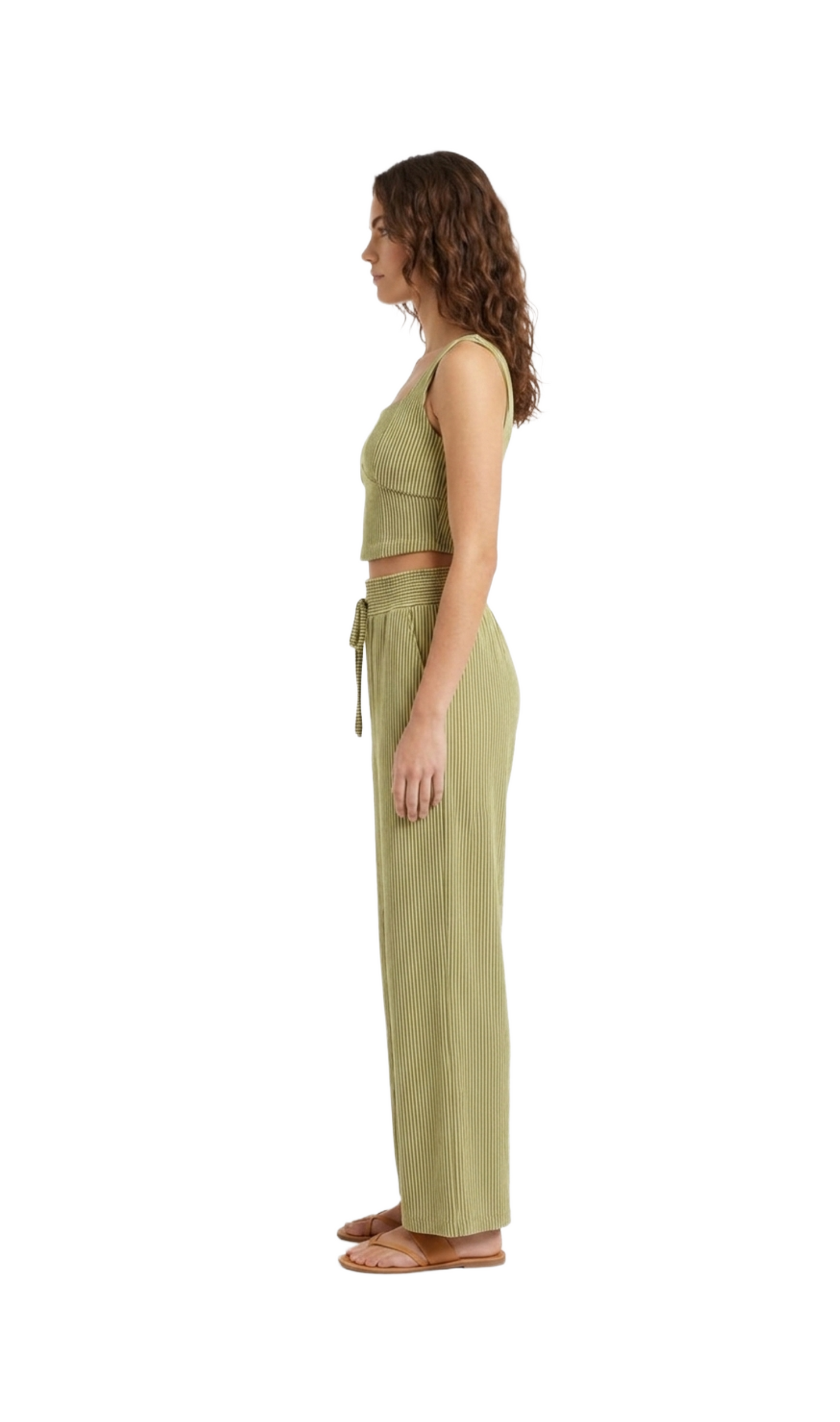 Conjunto verde de top y pantalón acanalado con rayas negras