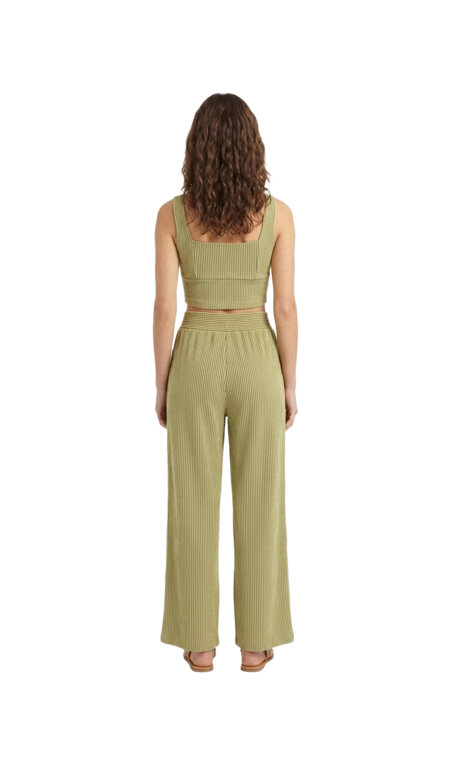 Conjunto verde de top y pantalón acanalado con rayas negras